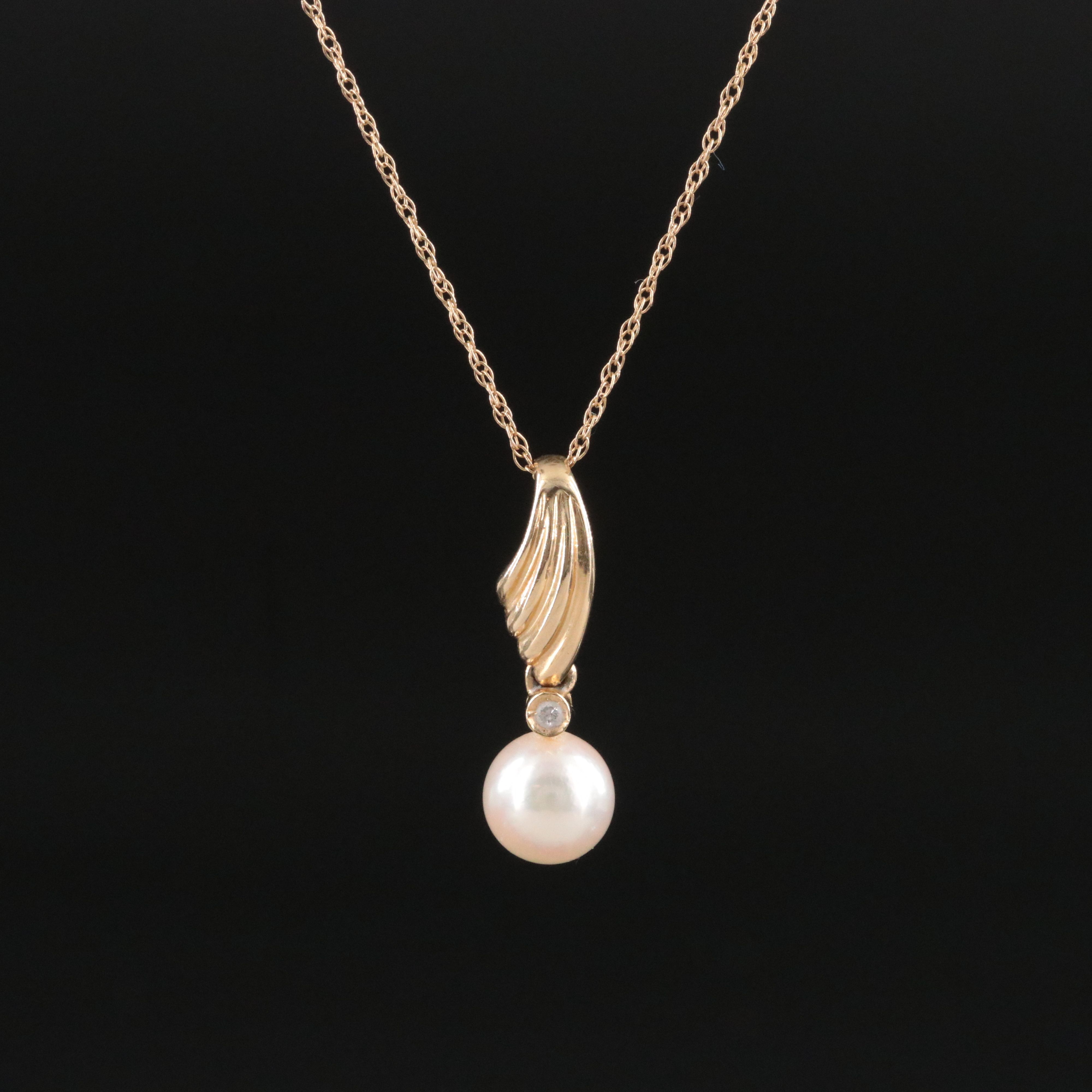 14K Pearl and Diamond Pendant Necklace