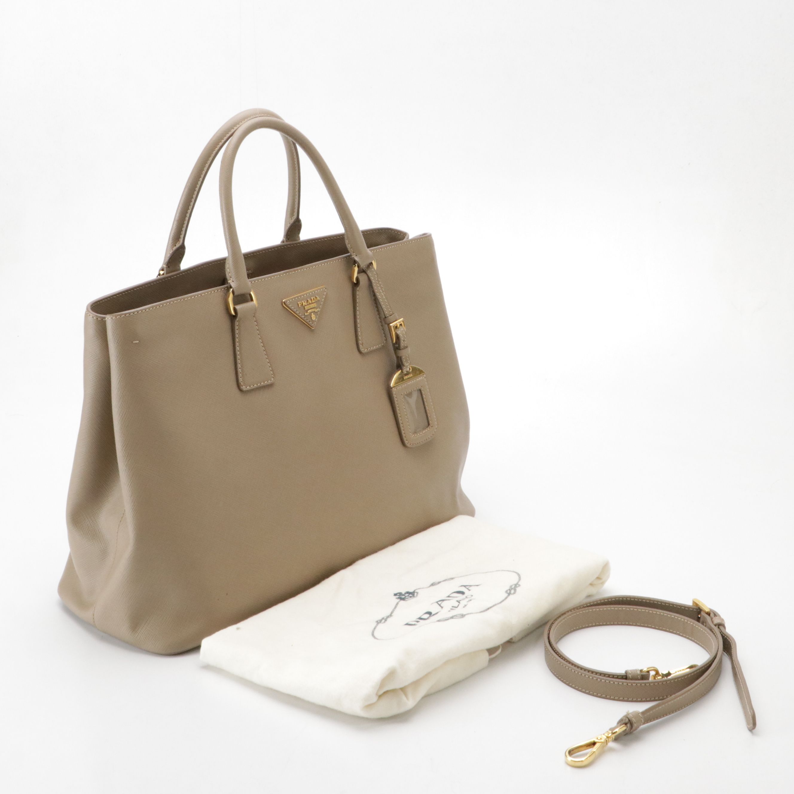 Prada Two-Way Shopping Tote Bag in Taupe Saffiano Leather
