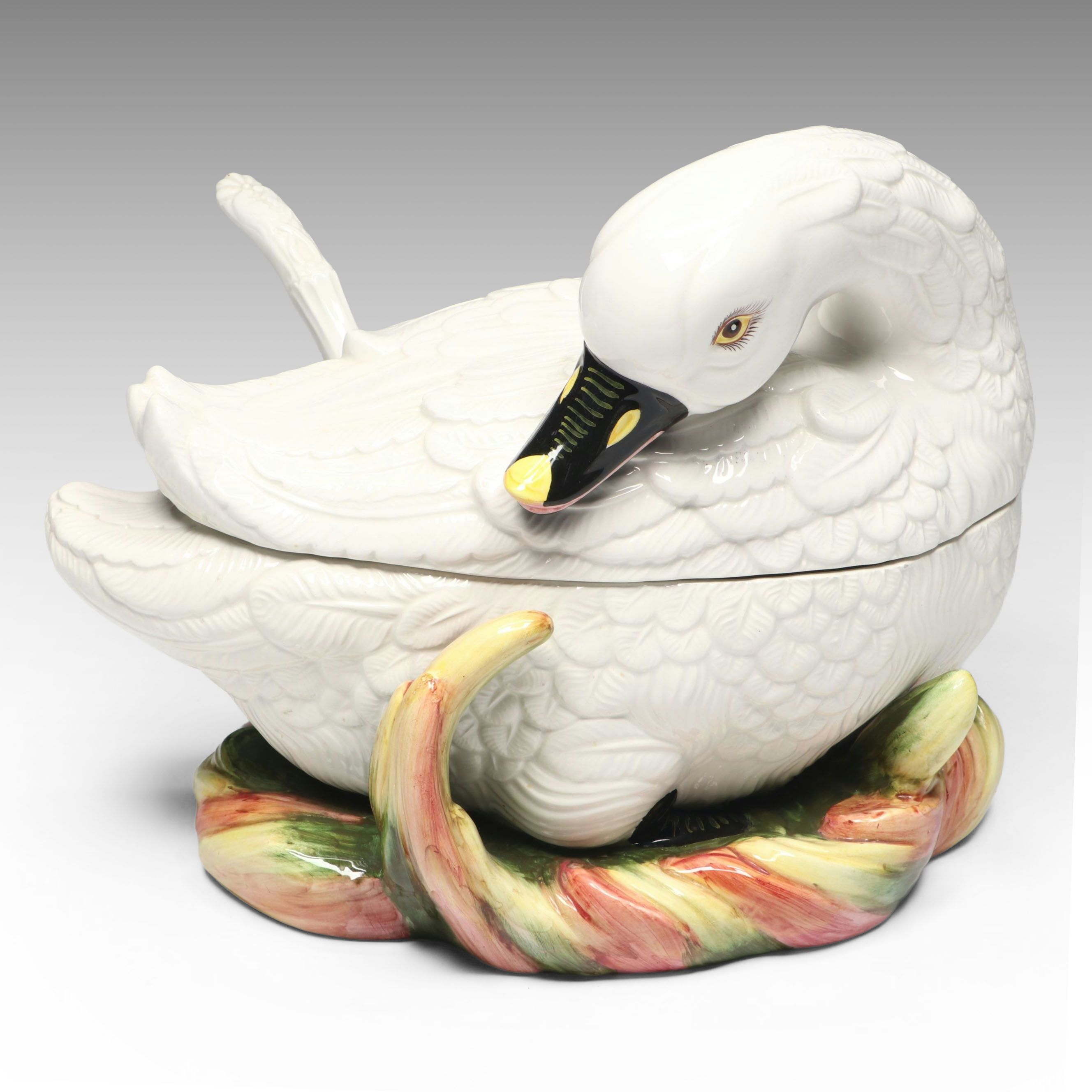 Italian Majolica Ceramic Swan Tureen with Ladle, Mid-20th Century