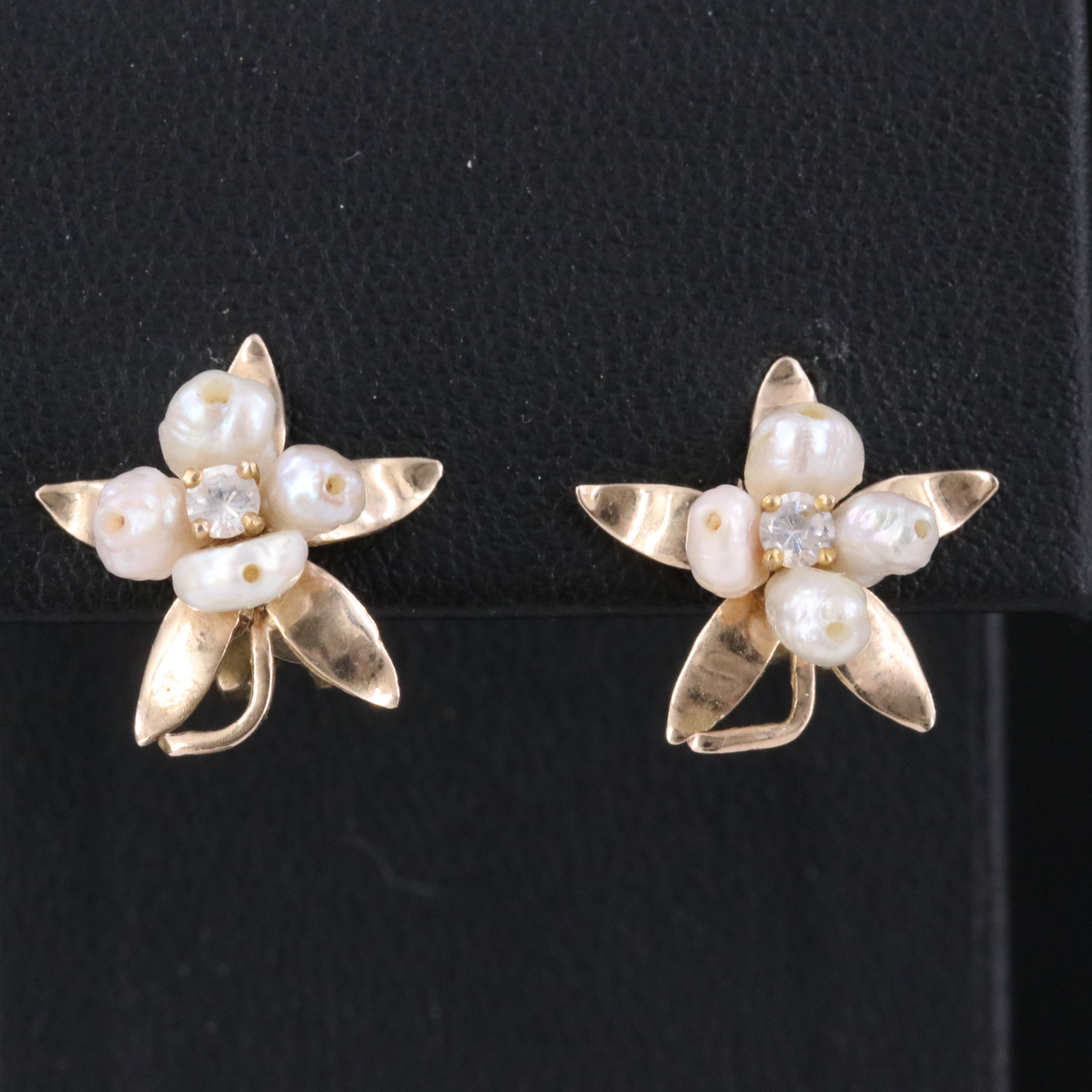 10K Pearl and CZ Flower Earrings
