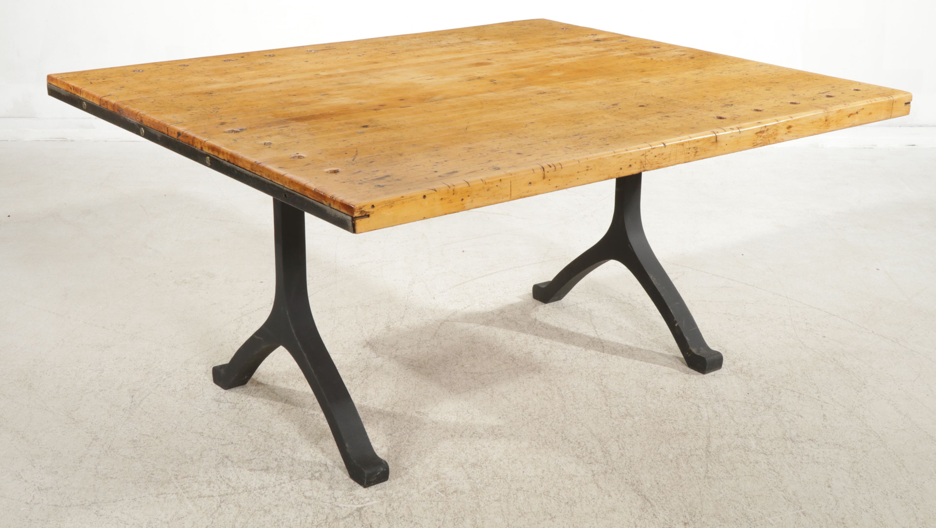 Dining Table with Industrial Hardwood Work Table Top and Four Metal Chairs