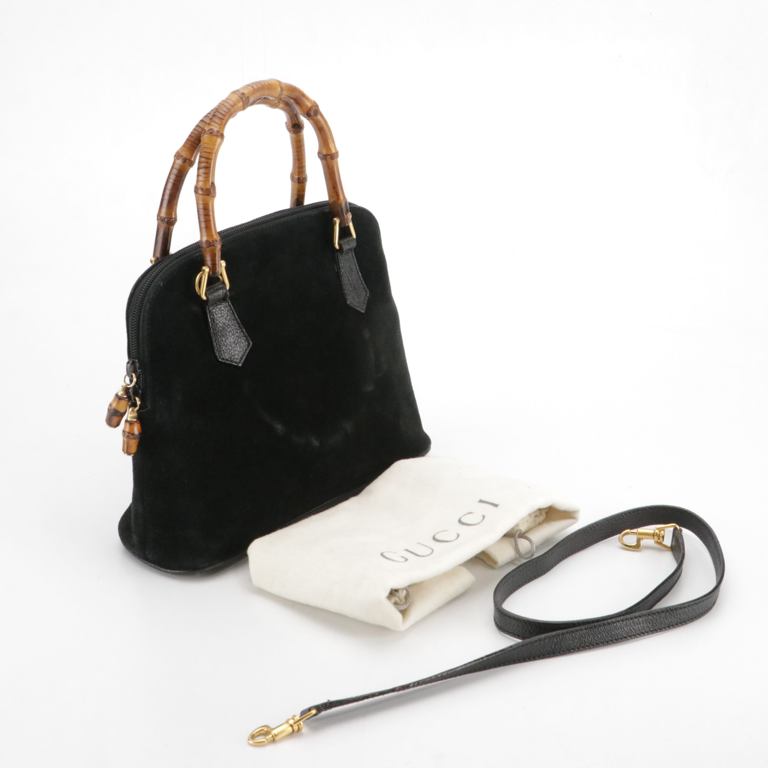 Gucci Small Domed Bamboo Handle Two-Way Bag in Black Suede and Cinghiale Leather