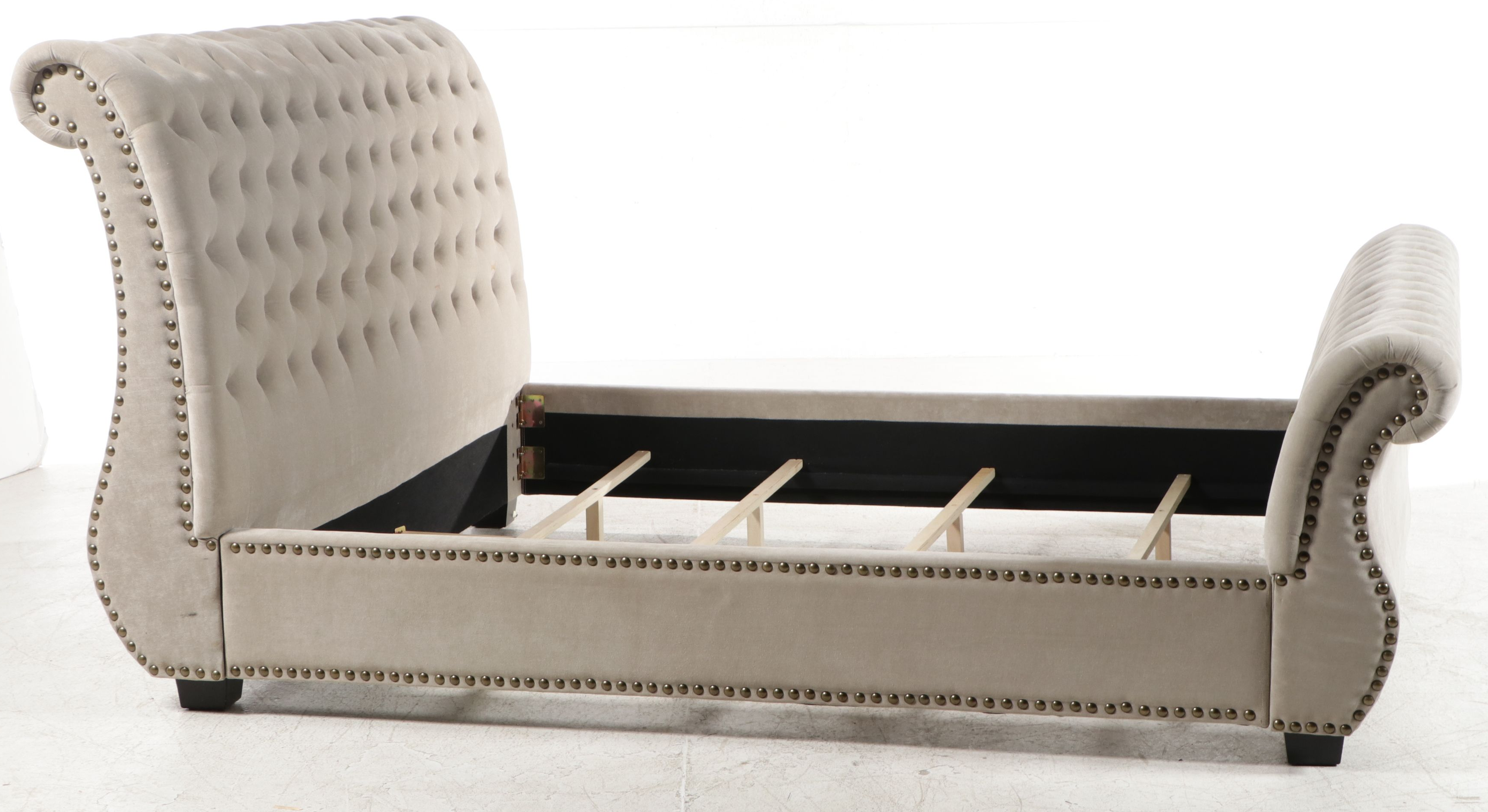 Contemporary Hollywood Regency Style Tufted Velvet King Sleigh Bed