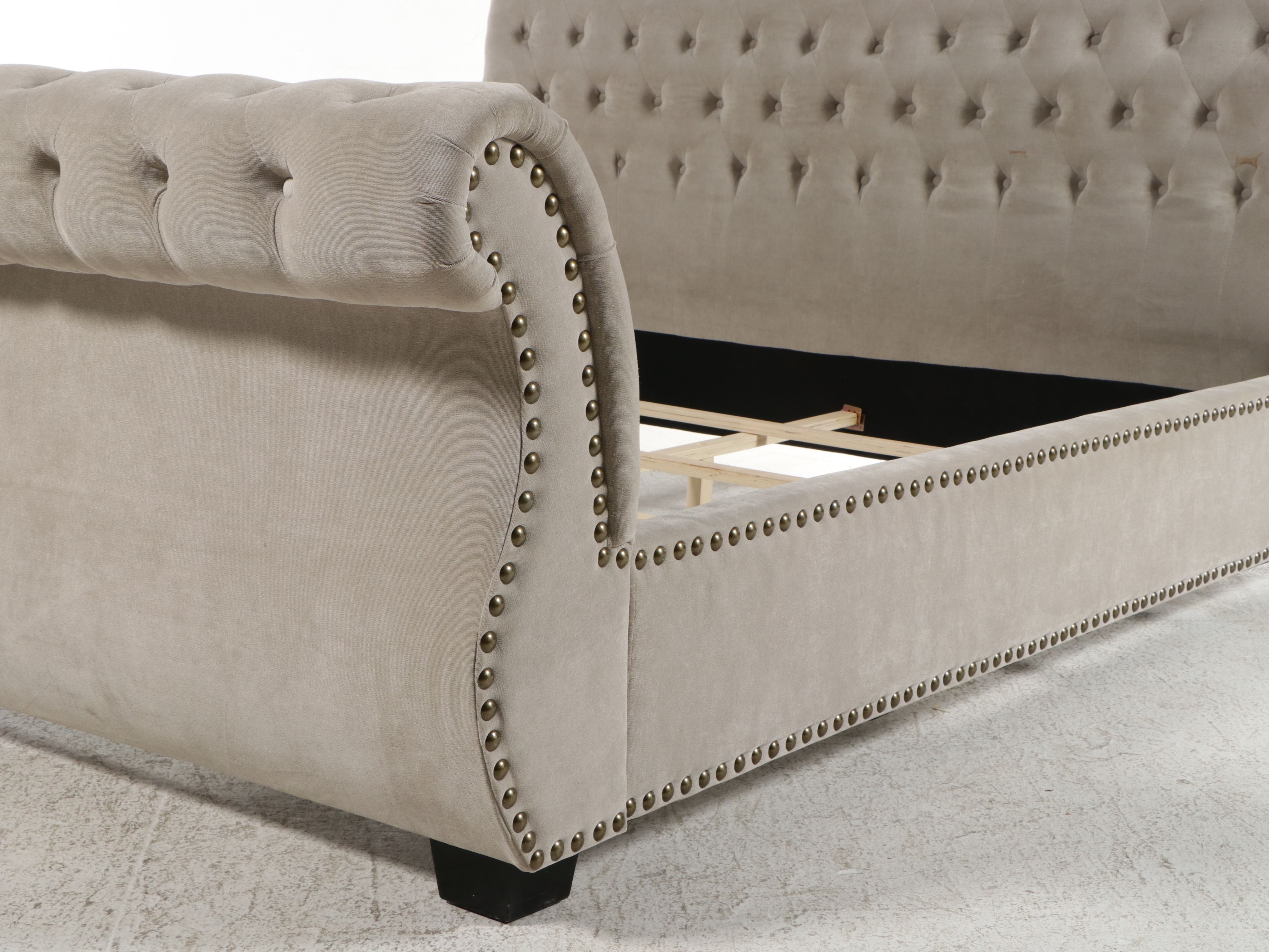 Contemporary Hollywood Regency Style Tufted Velvet King Sleigh Bed