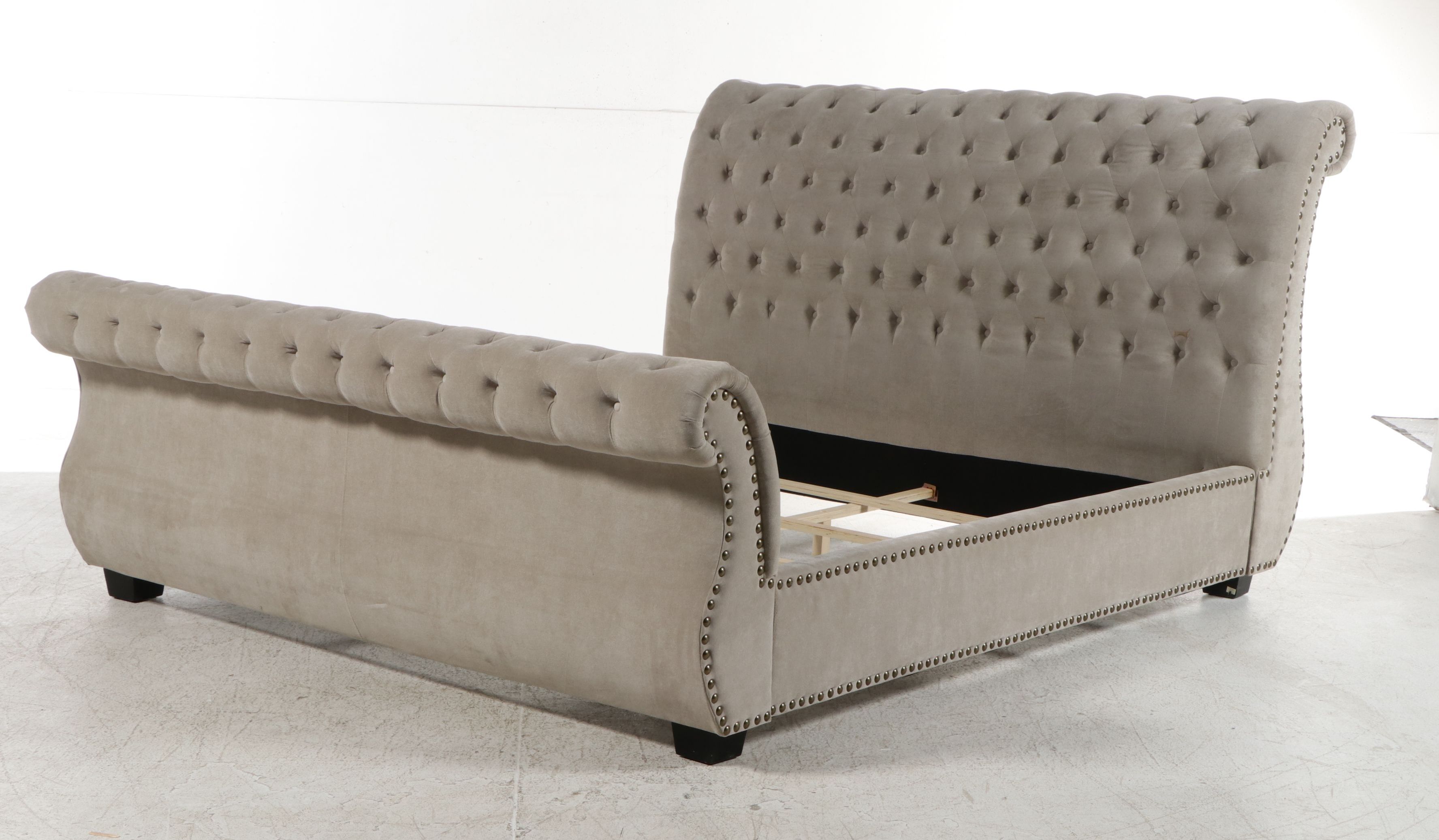 Contemporary Hollywood Regency Style Tufted Velvet King Sleigh Bed