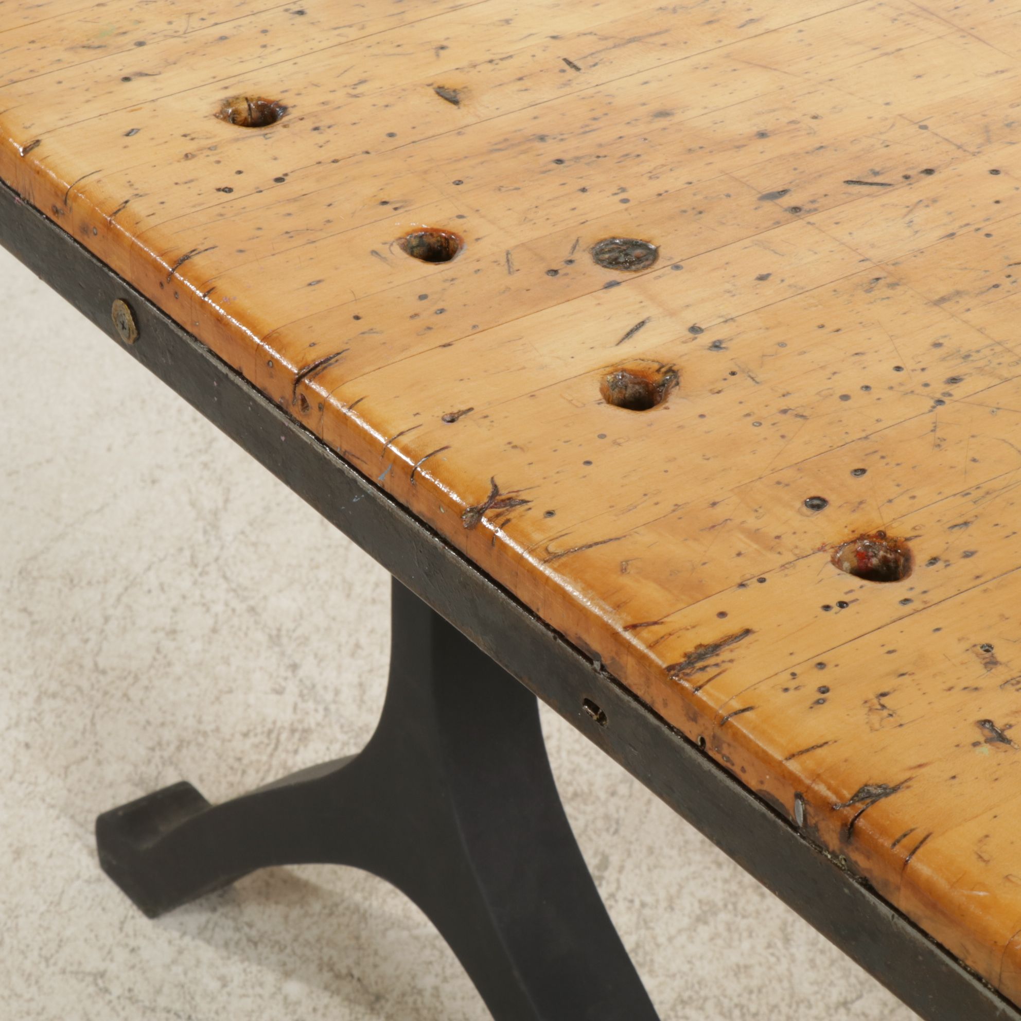 Dining Table with Industrial Hardwood Work Table Top and Four Metal Chairs