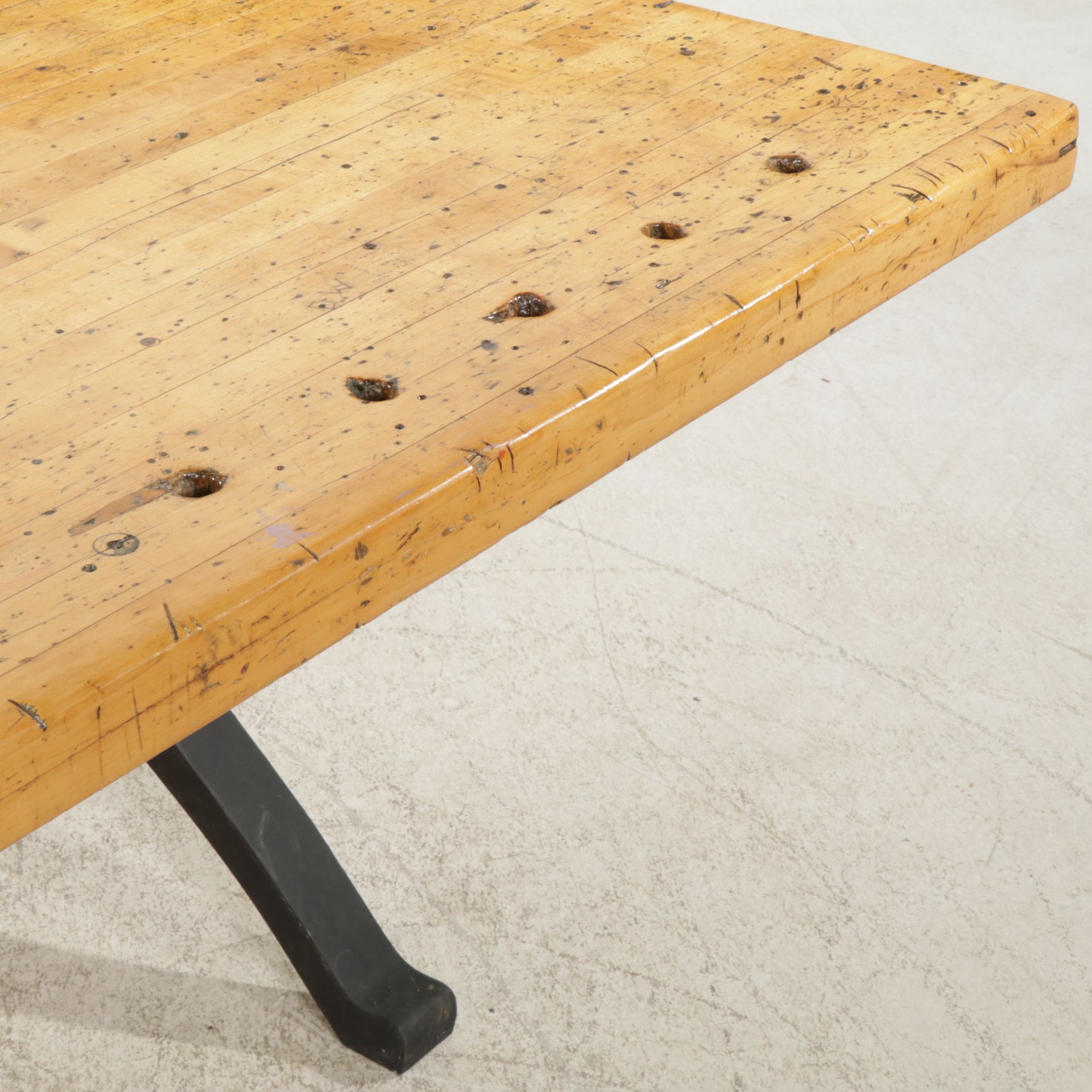 Dining Table with Industrial Hardwood Work Table Top and Four Metal Chairs