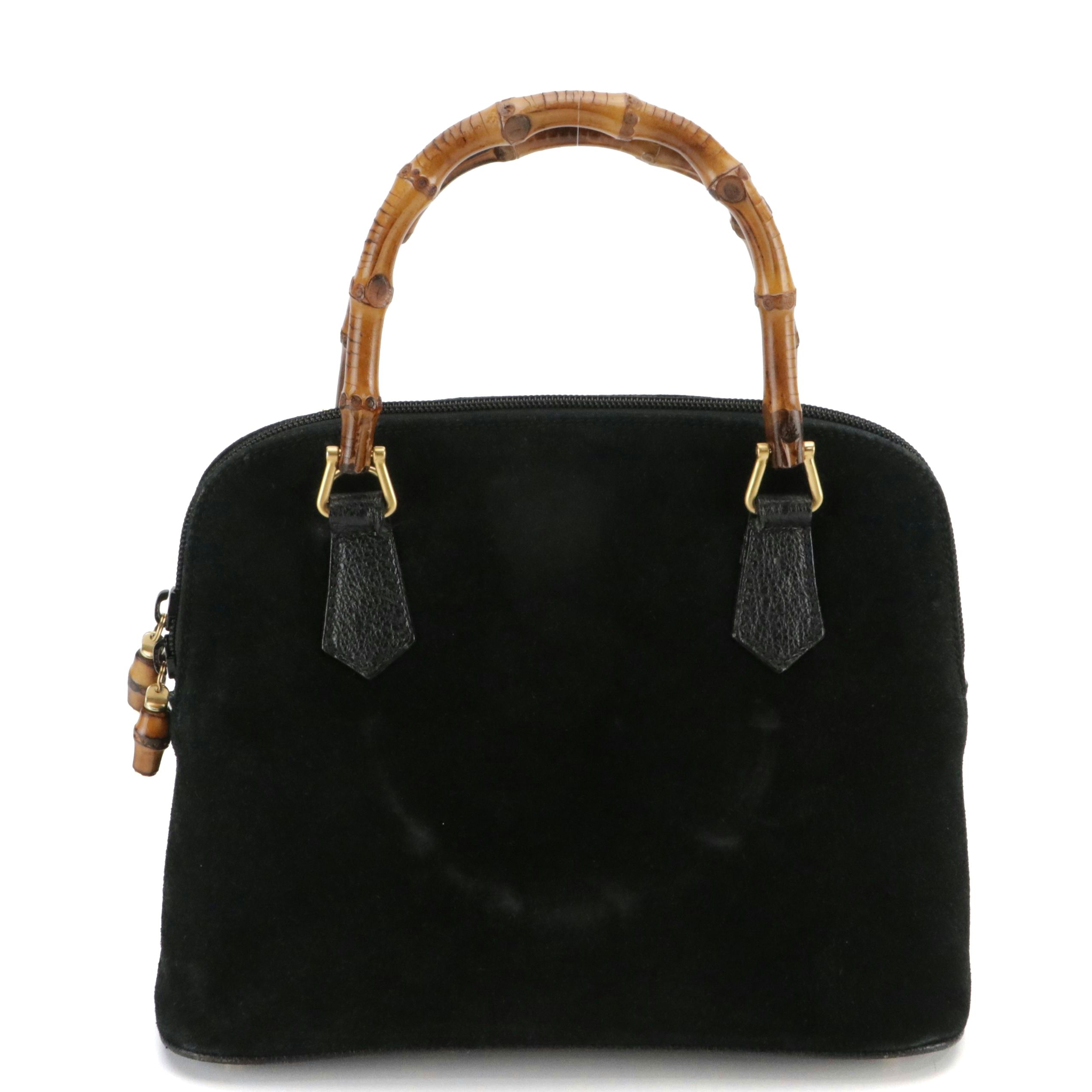 Gucci Small Domed Bamboo Handle Two-Way Bag in Black Suede and Cinghiale Leather