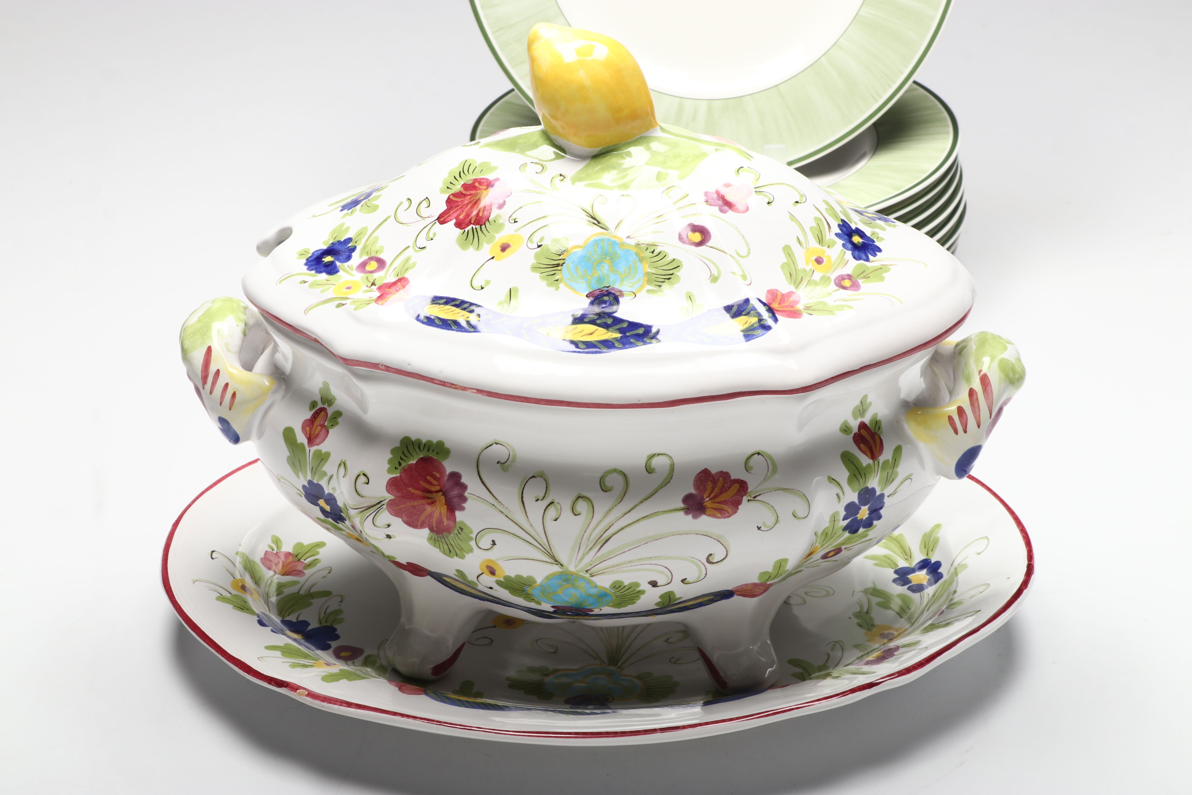 Cantagalli Faience Tureen and Platter with Villeroy & Boch "Flora" Plates