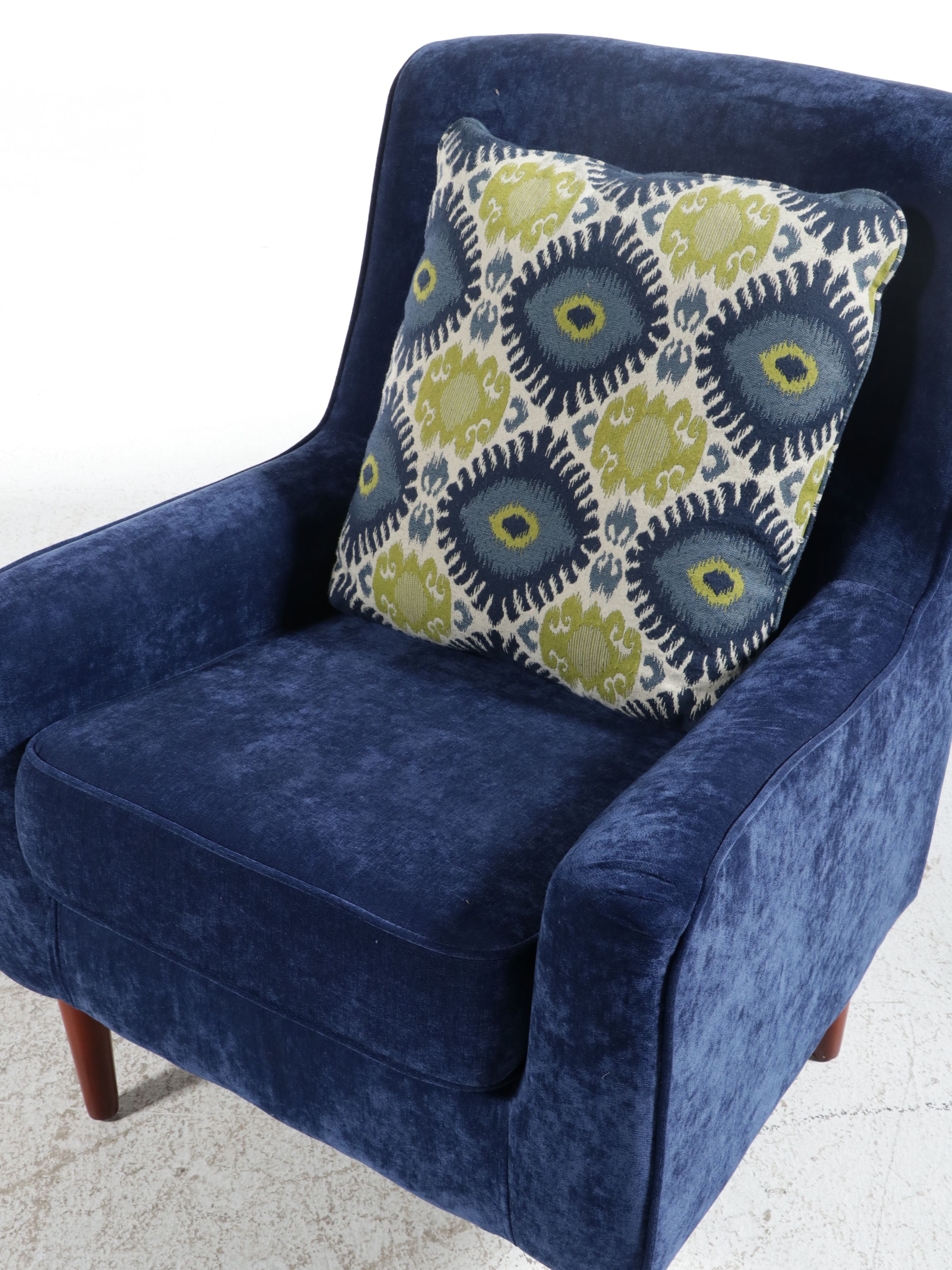 Pair of Mid Century Modern Style Blue Upholstered Armchairs with Accent Pillows