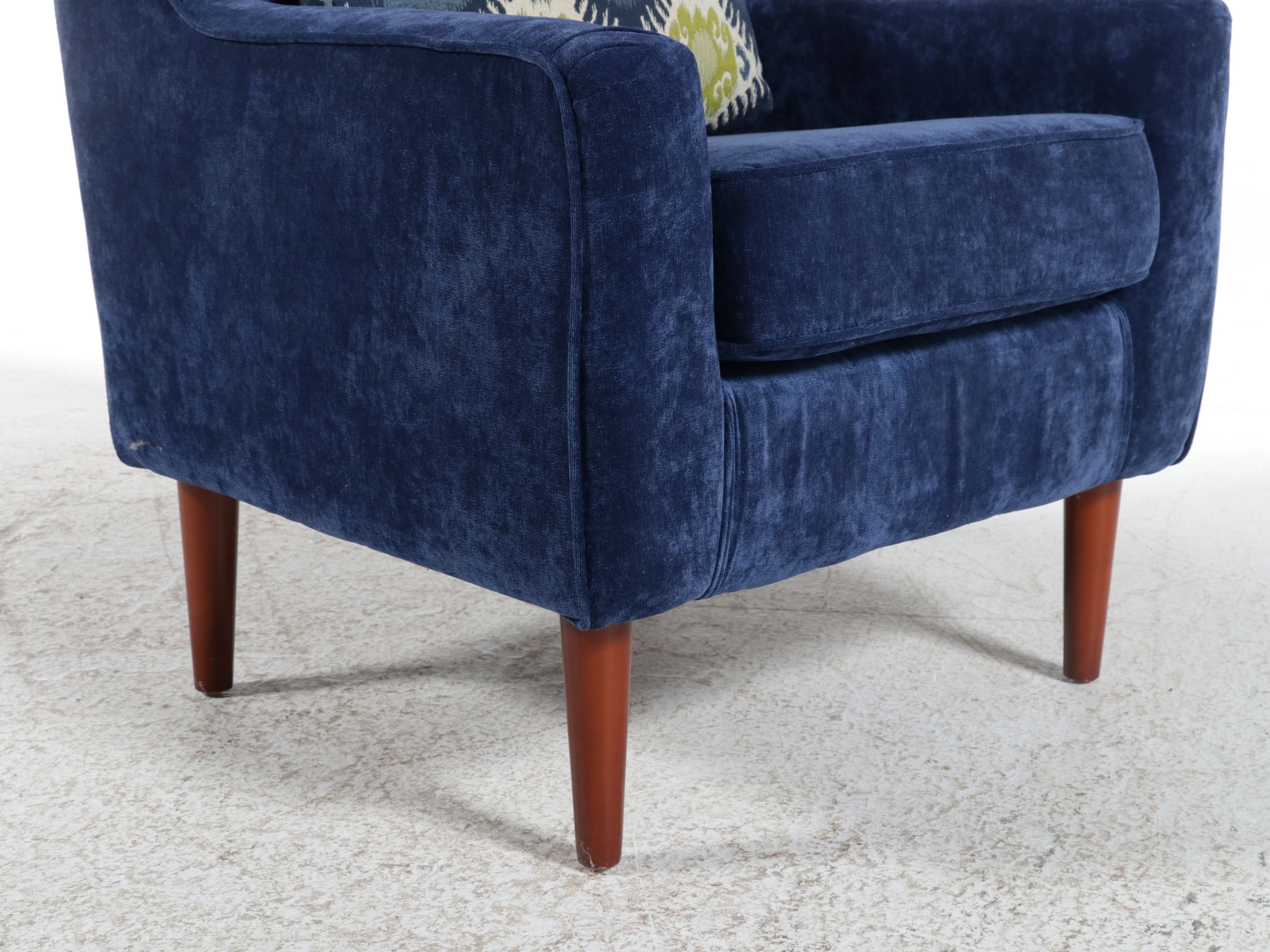 Pair of Mid Century Modern Style Blue Upholstered Armchairs with Accent Pillows