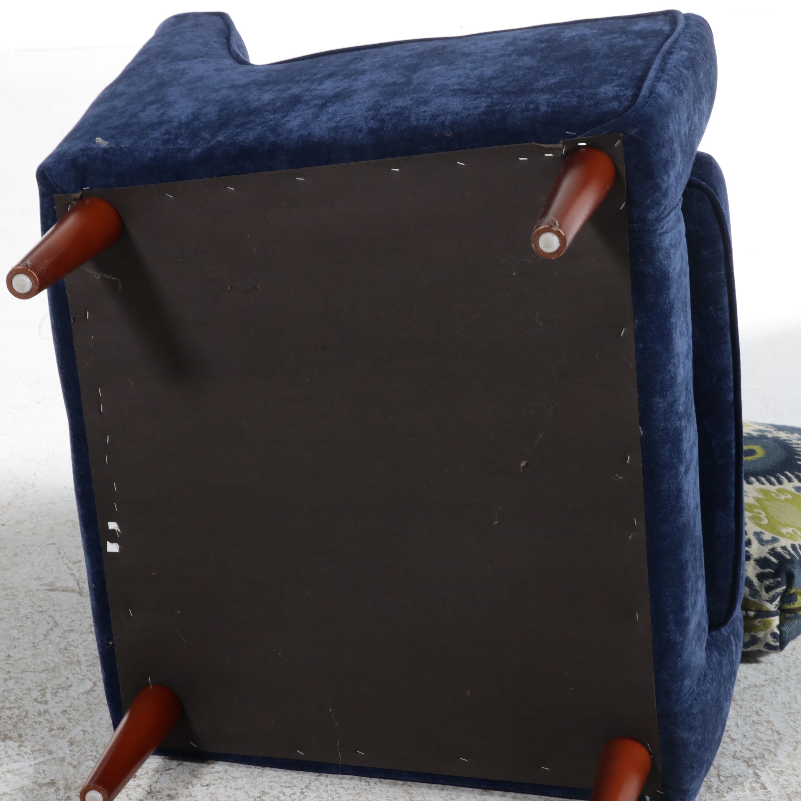 Pair of Mid Century Modern Style Blue Upholstered Armchairs with Accent Pillows