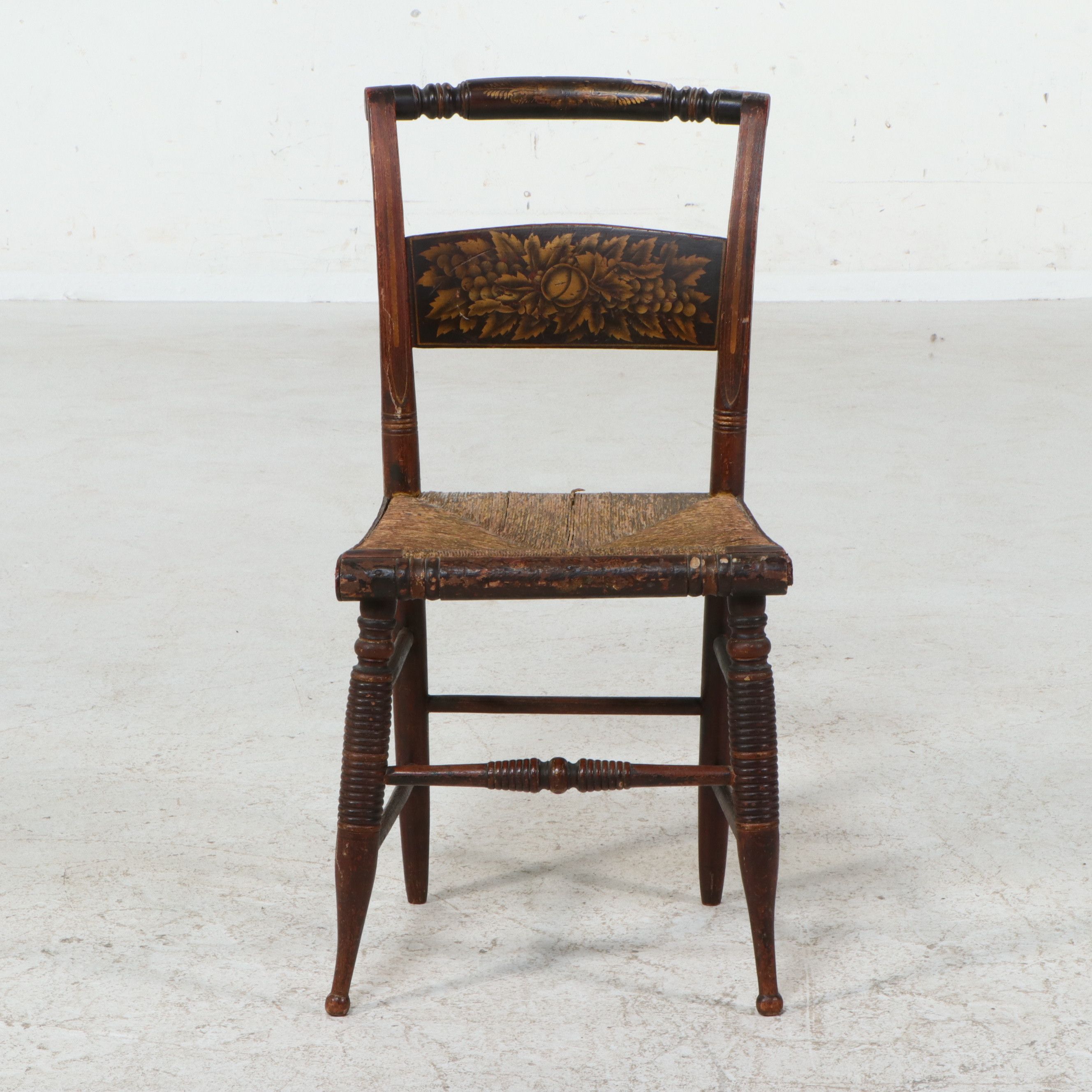 Hitchcock Style Stencil-Decorated Side Chair with Rush Seat, 19th Century