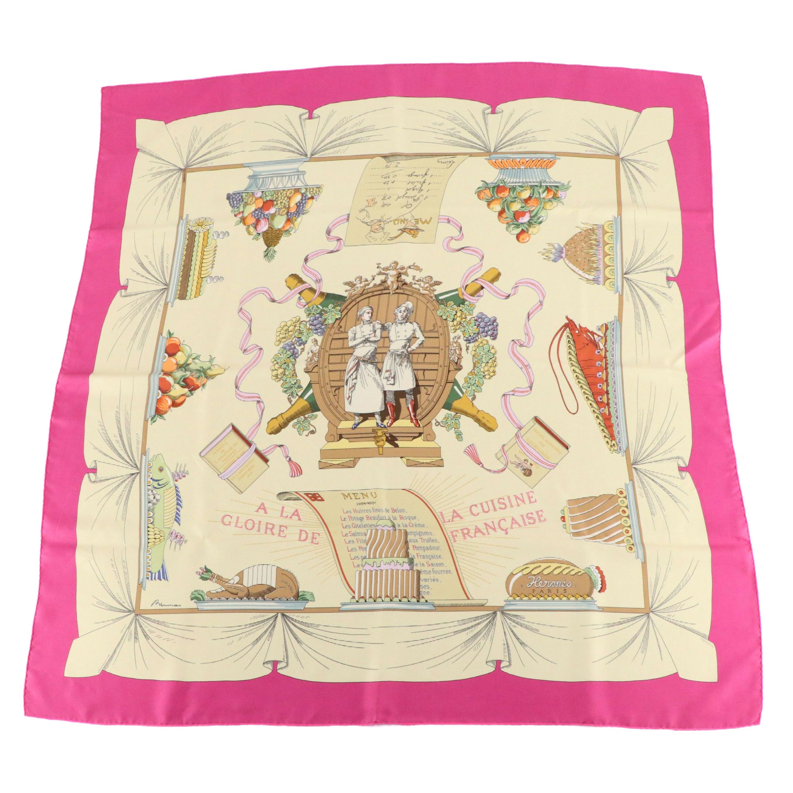 Hermès "A la Gloire de la Cuisine Française" Scarf 90 in Silk Twill with Box