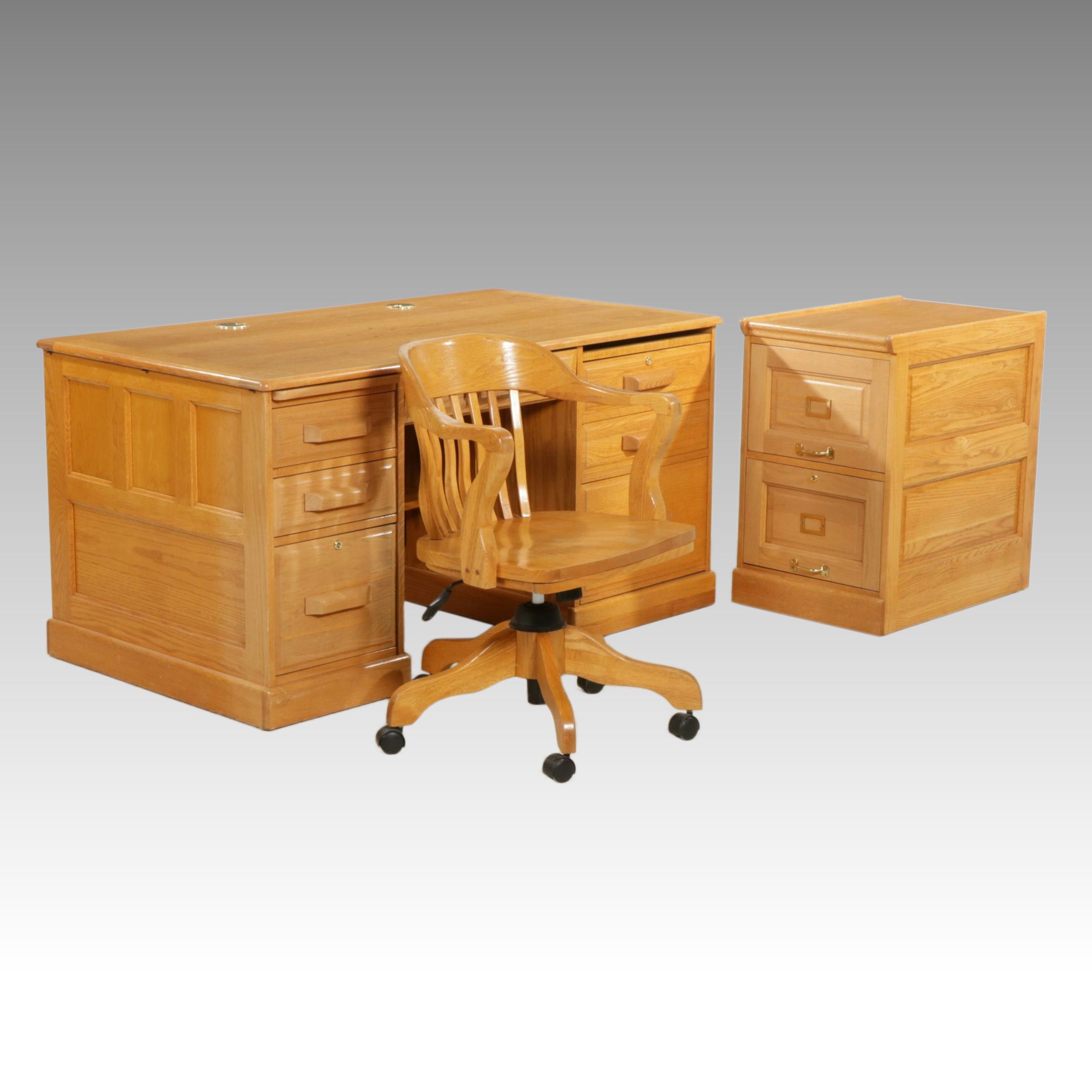 Winner's Only Oak Executive Desk, Office Chair, and File Cabinet, 21st Century
