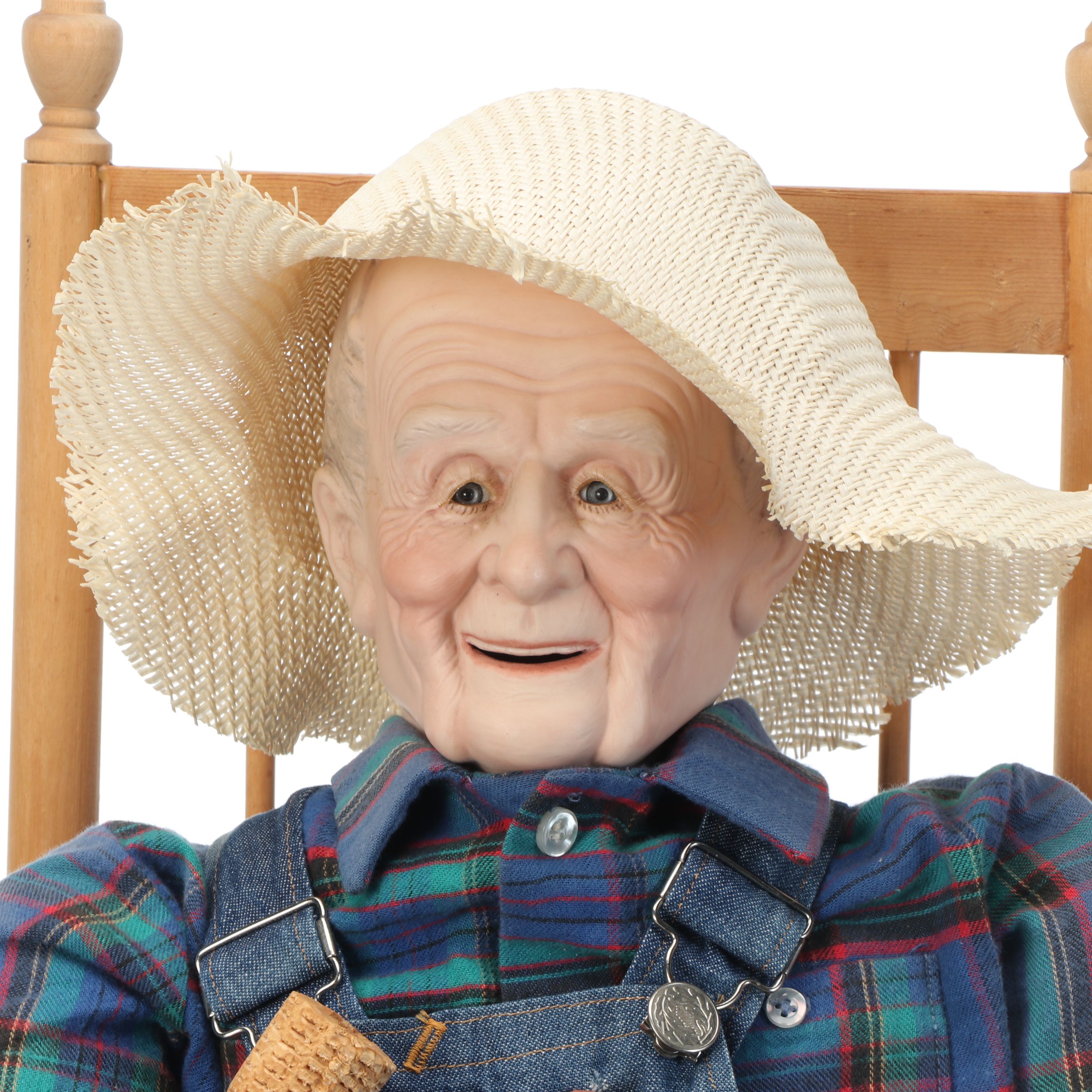 William Wallace "Grandpa" and "Grandma" Ceramic Dolls with Wood Chairs, 1989