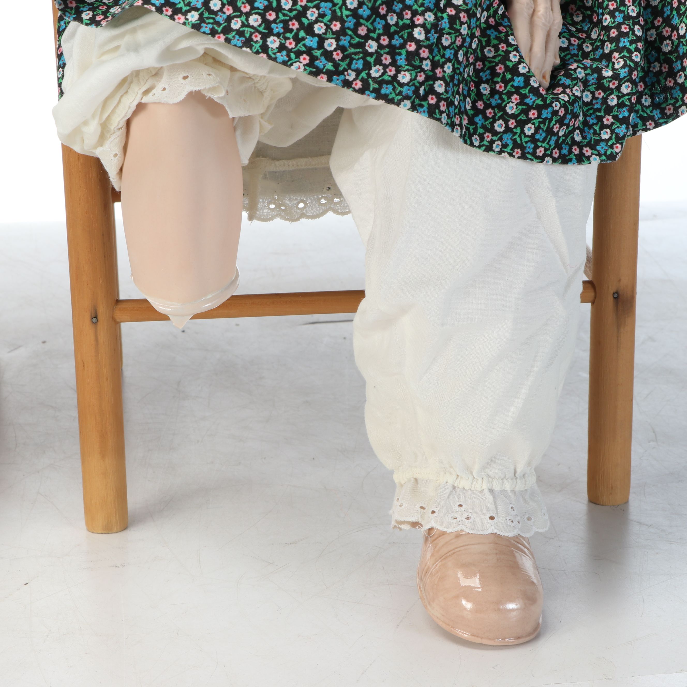 William Wallace "Grandpa" and "Grandma" Ceramic Dolls with Wood Chairs, 1989