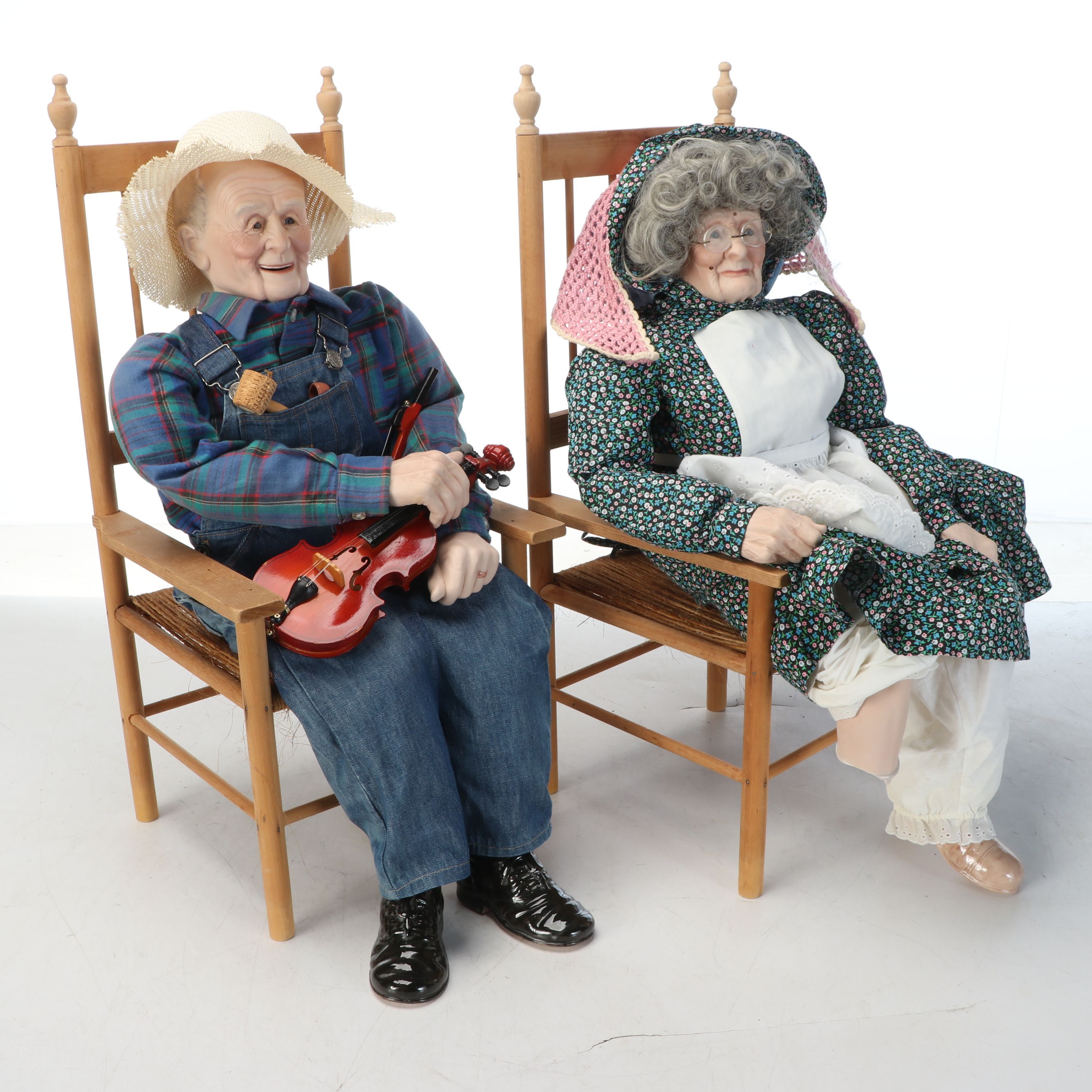 William Wallace "Grandpa" and "Grandma" Ceramic Dolls with Wood Chairs, 1989