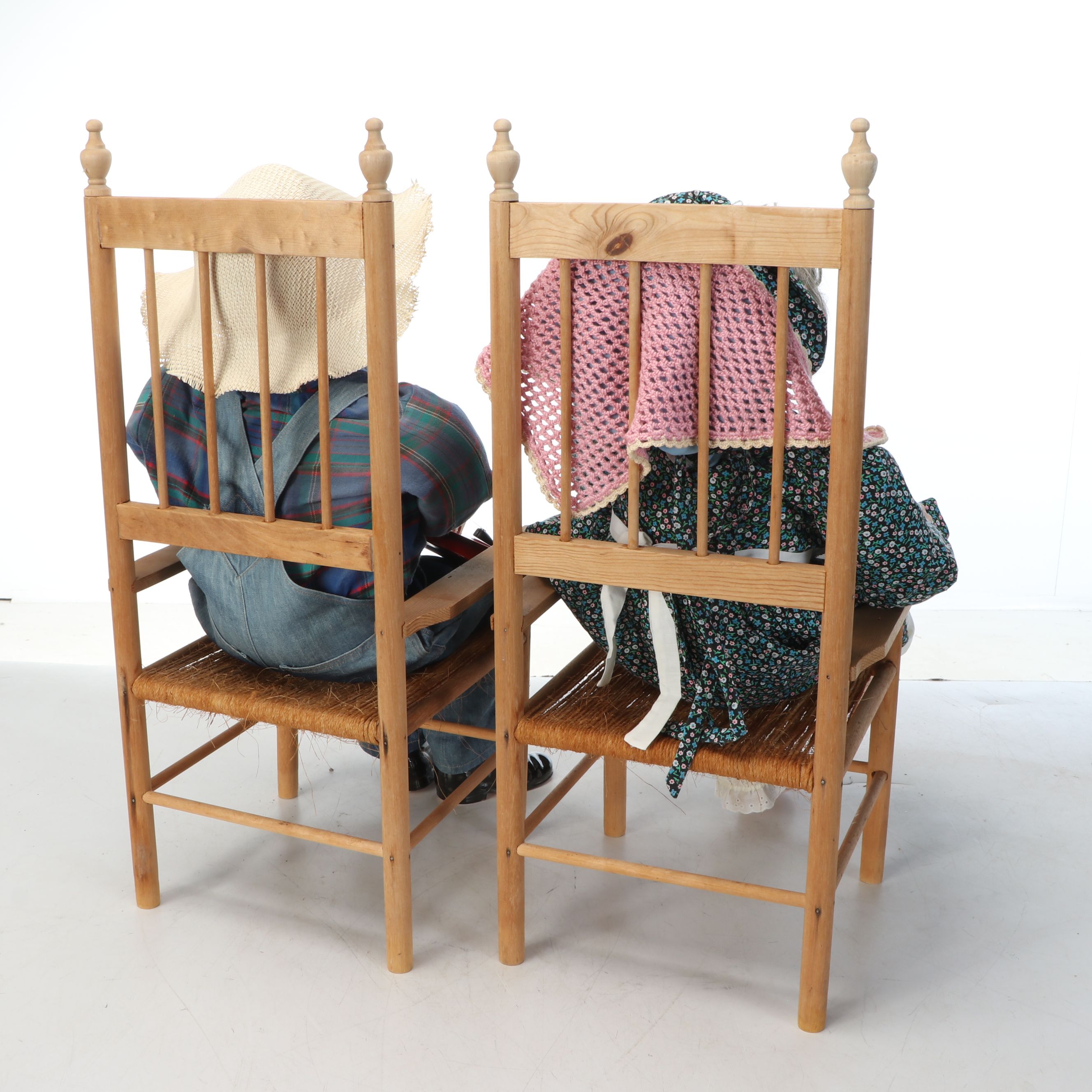 William Wallace "Grandpa" and "Grandma" Ceramic Dolls with Wood Chairs, 1989