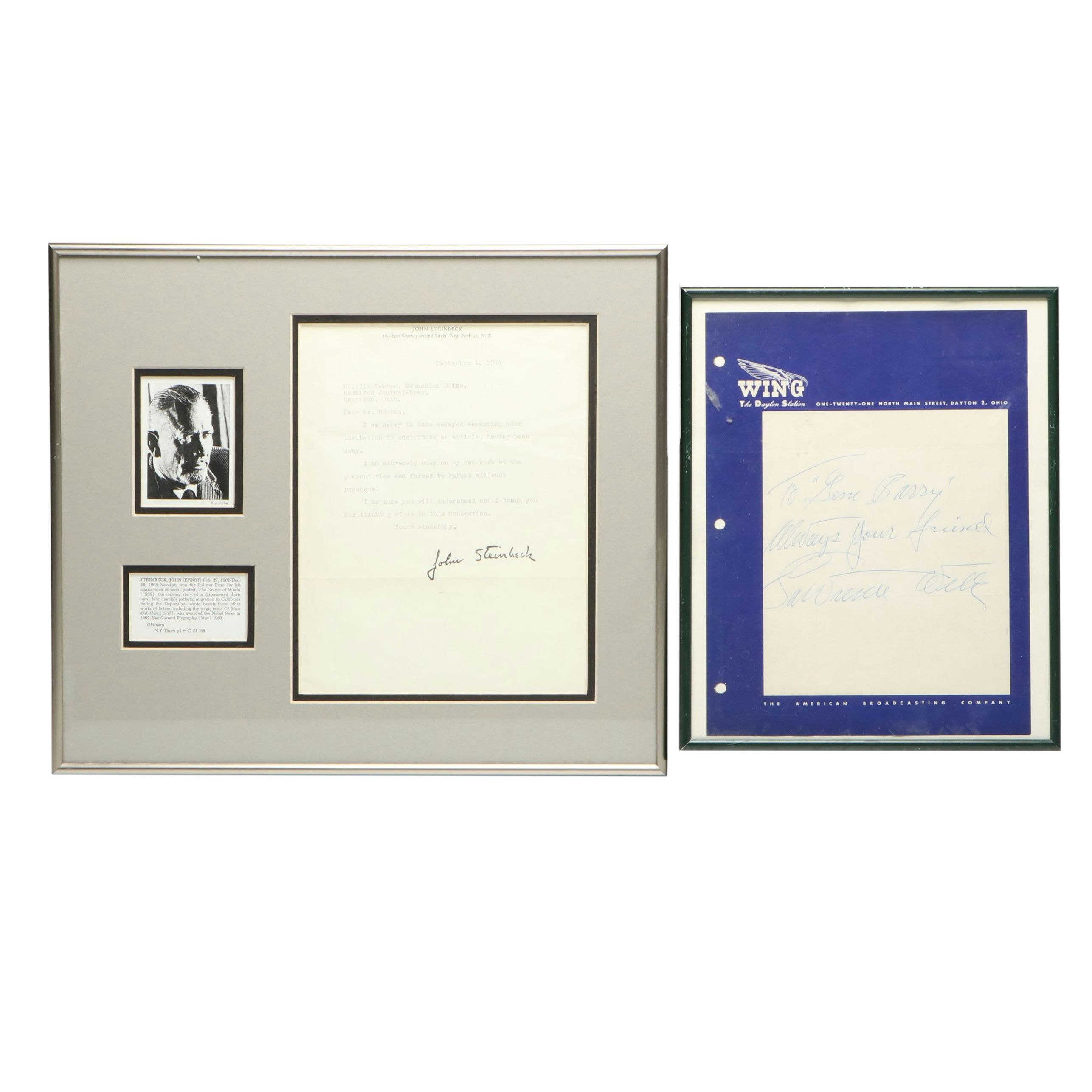 John Steinbeck Stamped Letter with Lawrence Welk Signature, Mid-20th C.