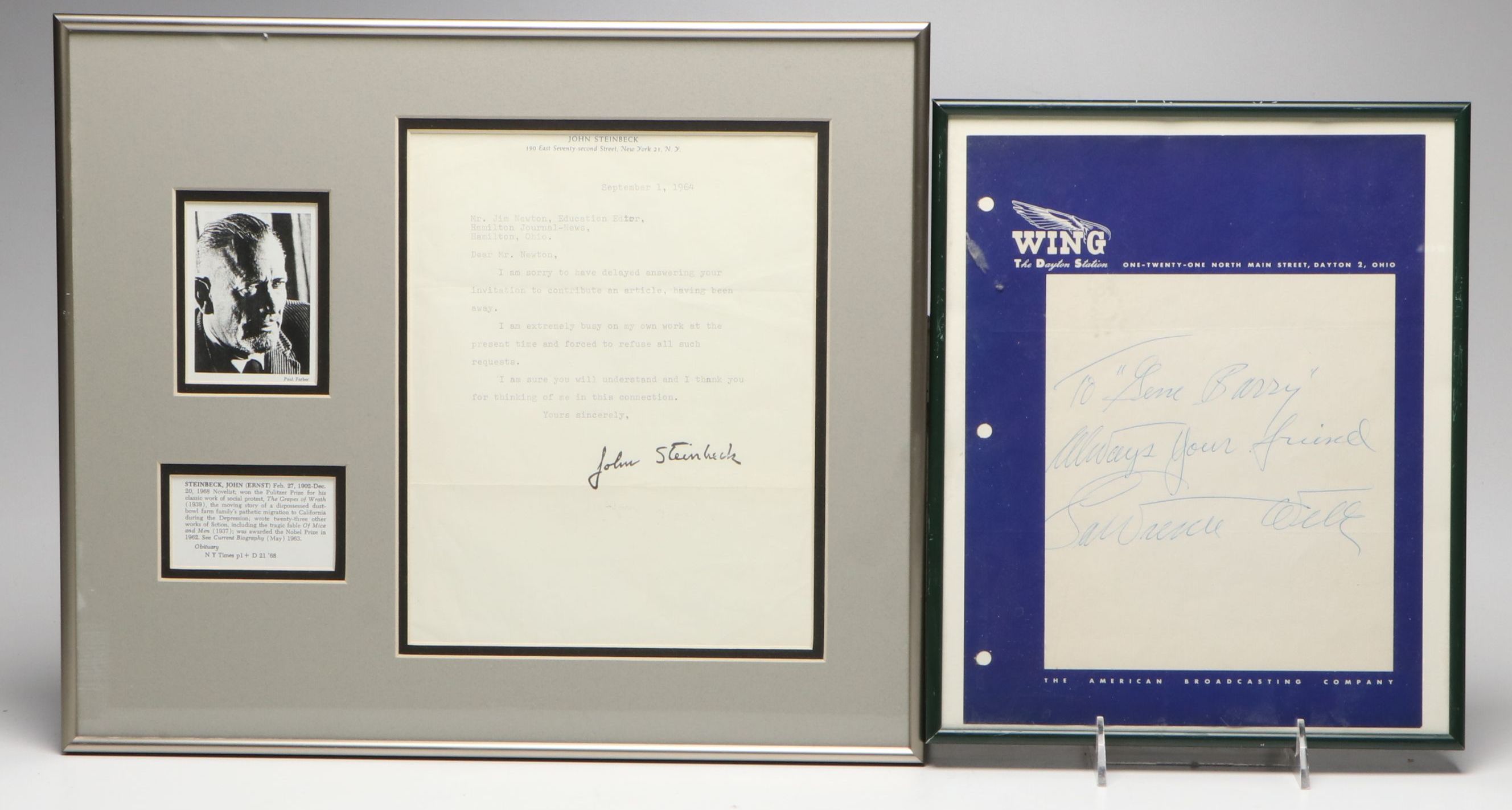 John Steinbeck Stamped Letter with Lawrence Welk Signature, Mid-20th C.