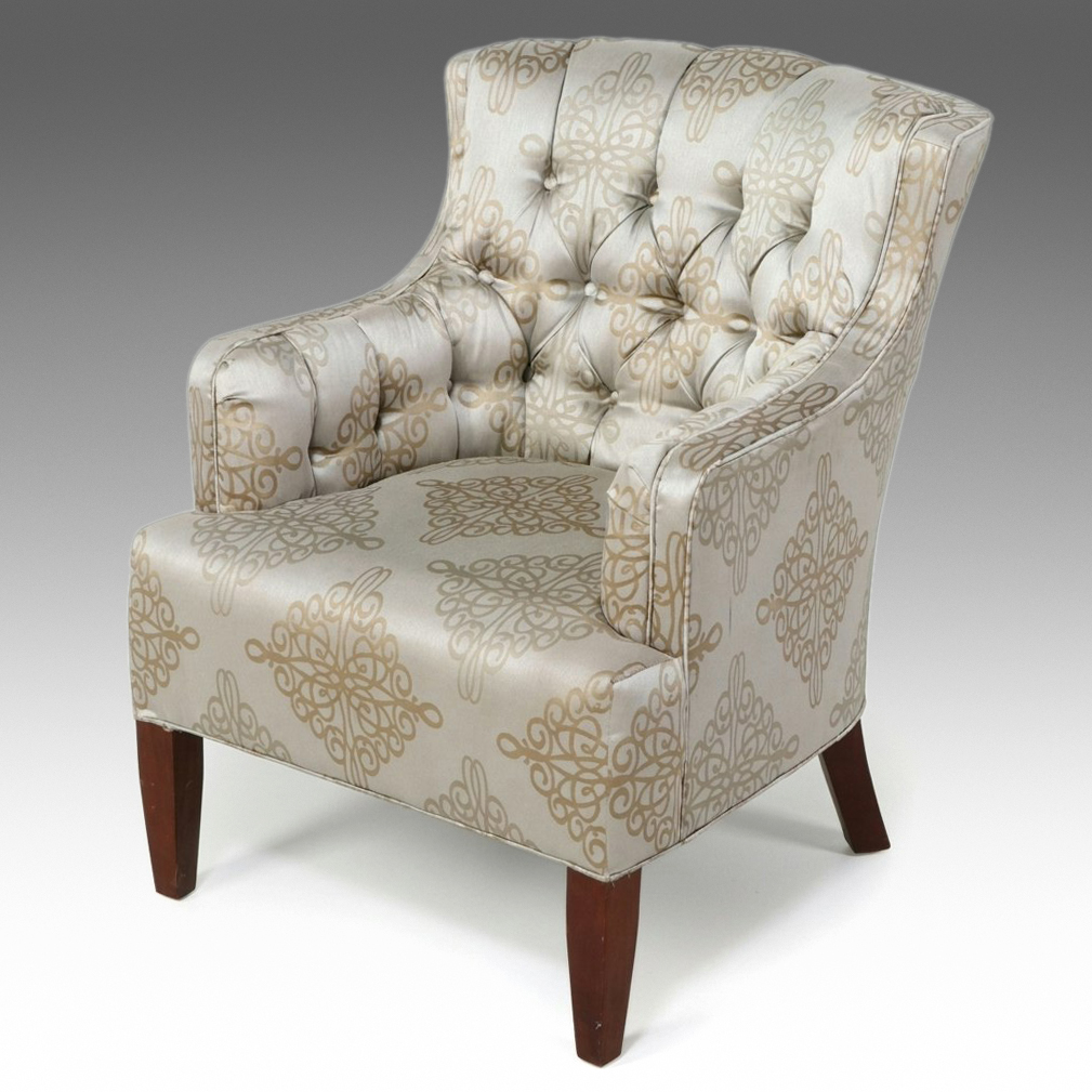 Contemporary Tufted Armchair in Damask Upholstery
