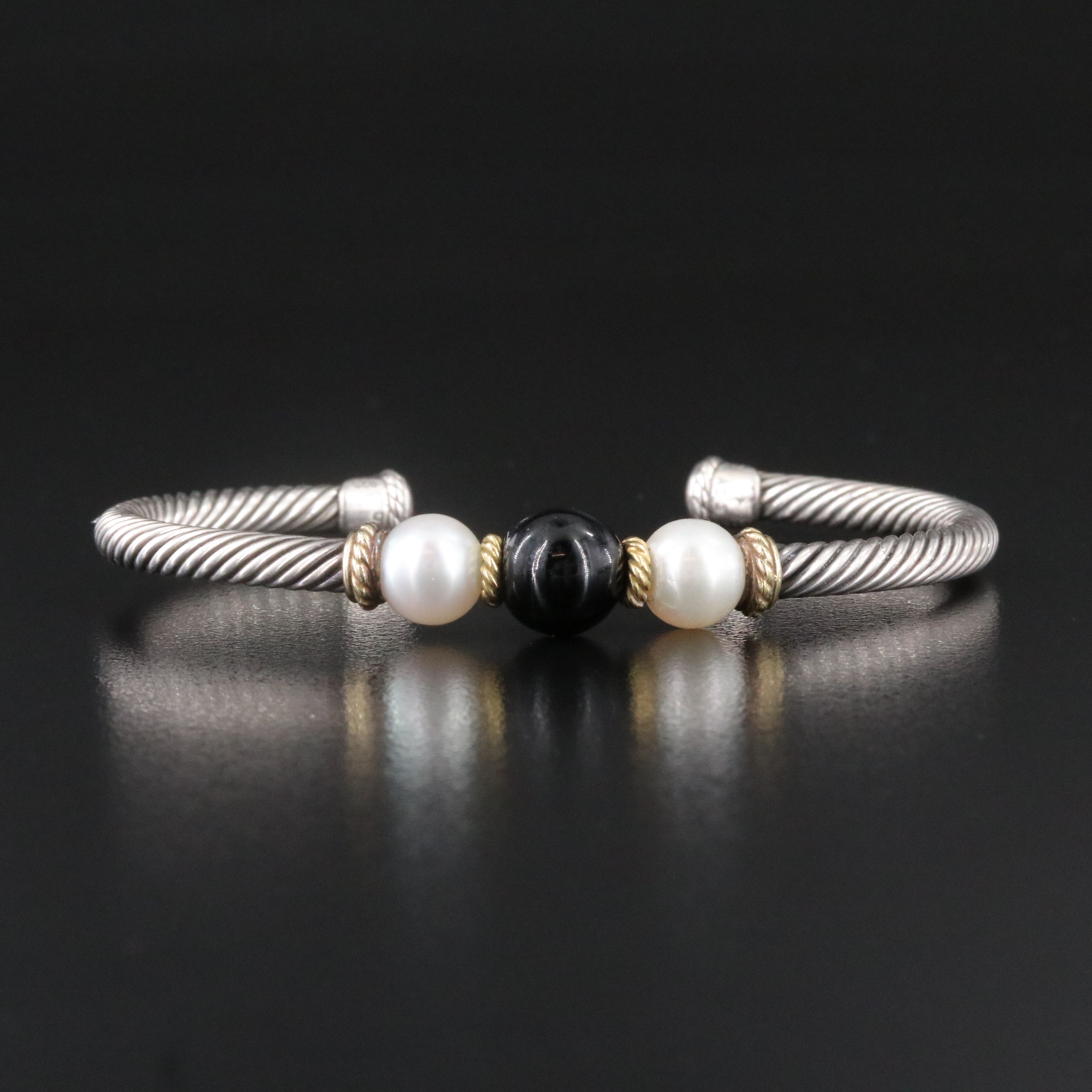 David Yurman Sterling Black Onyx and Pearl Cable  Cuff Bracelet with 18K Accents