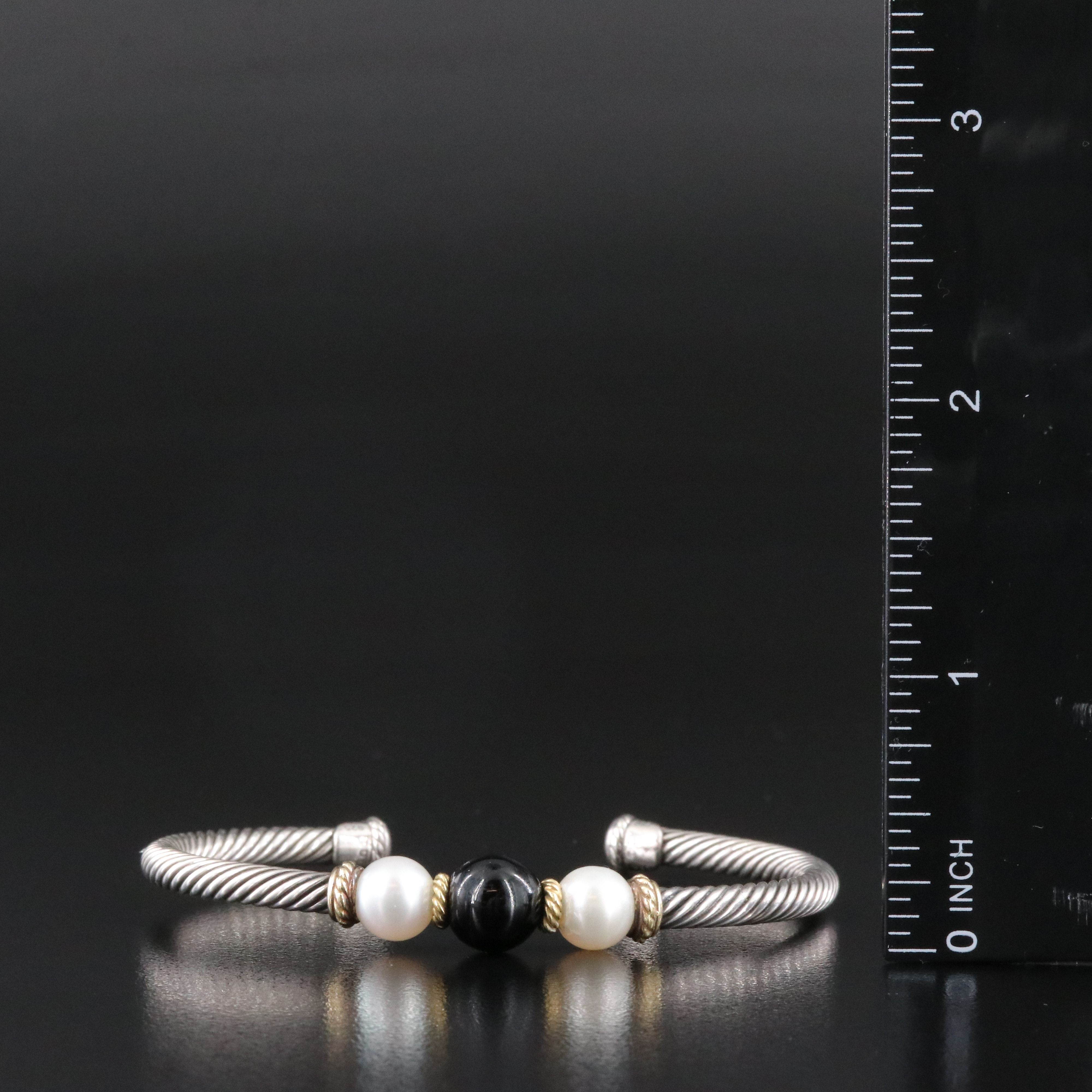 David Yurman Sterling Black Onyx and Pearl Cable  Cuff Bracelet with 18K Accents