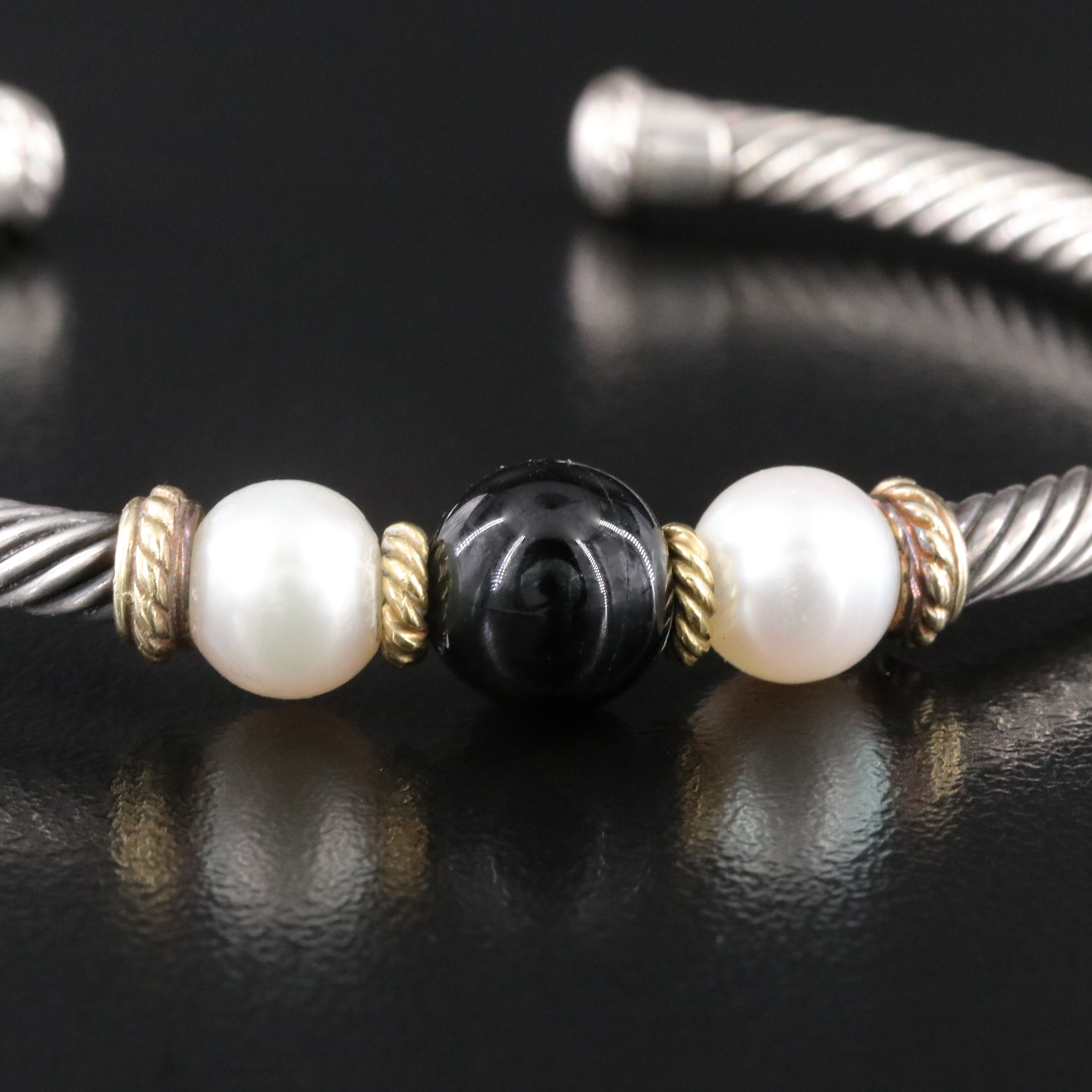 David Yurman Sterling Black Onyx and Pearl Cable  Cuff Bracelet with 18K Accents
