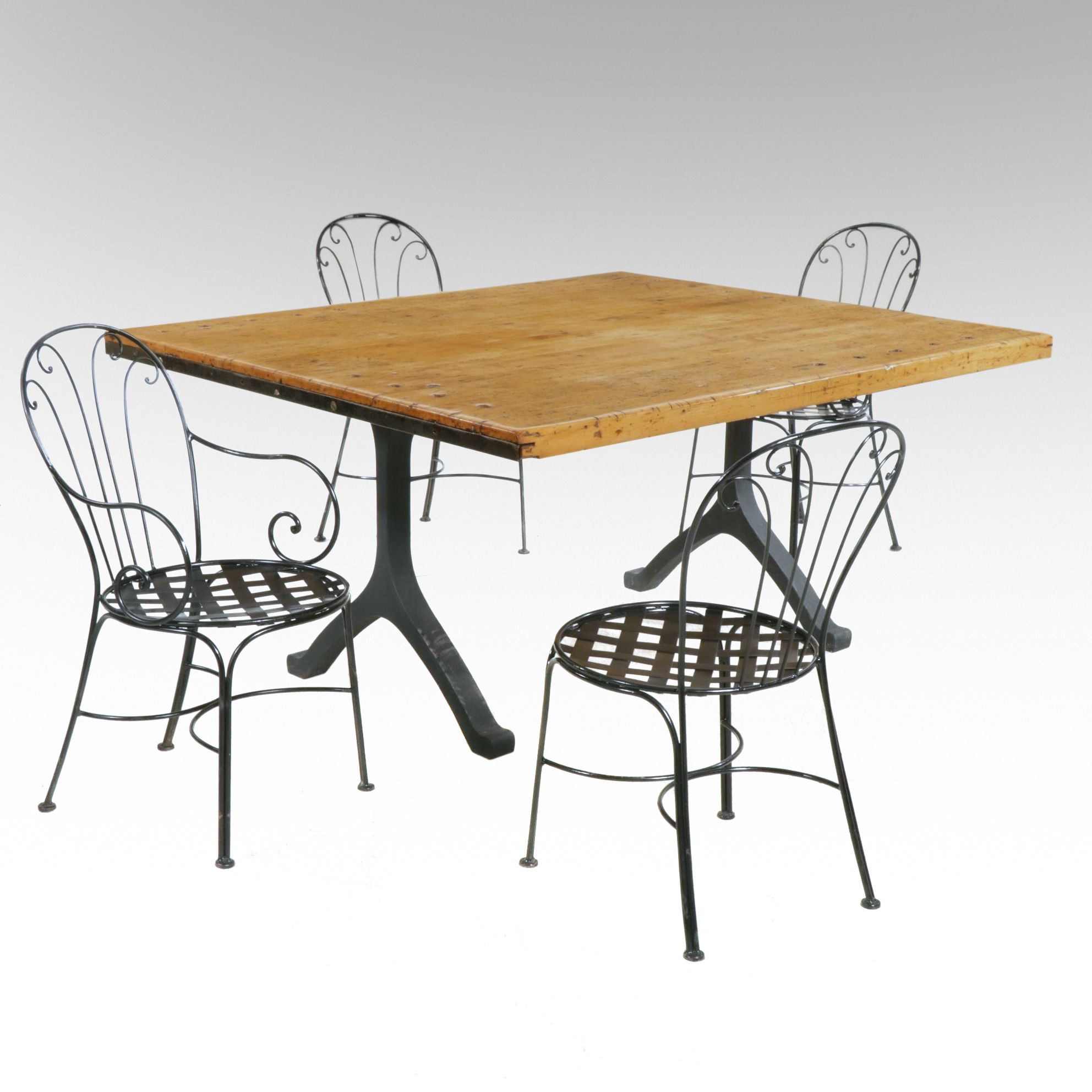 Dining Table with Industrial Hardwood Work Table Top and Four Metal Chairs