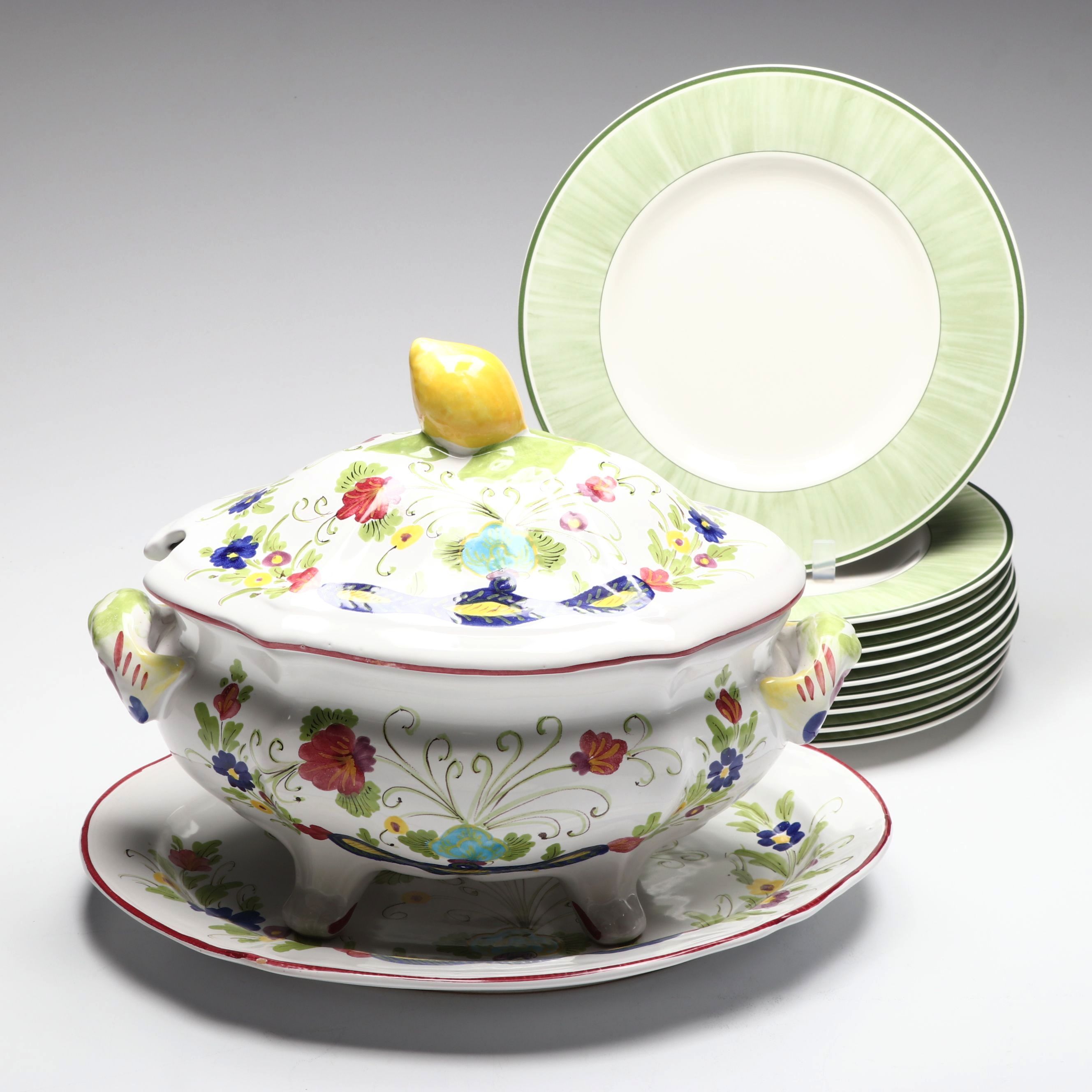 Cantagalli Faience Tureen and Platter with Villeroy & Boch "Flora" Plates