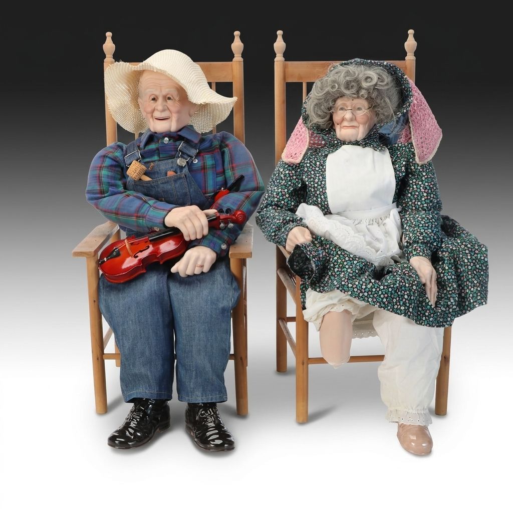 William Wallace "Grandpa" and "Grandma" Ceramic Dolls with Wood Chairs, 1989