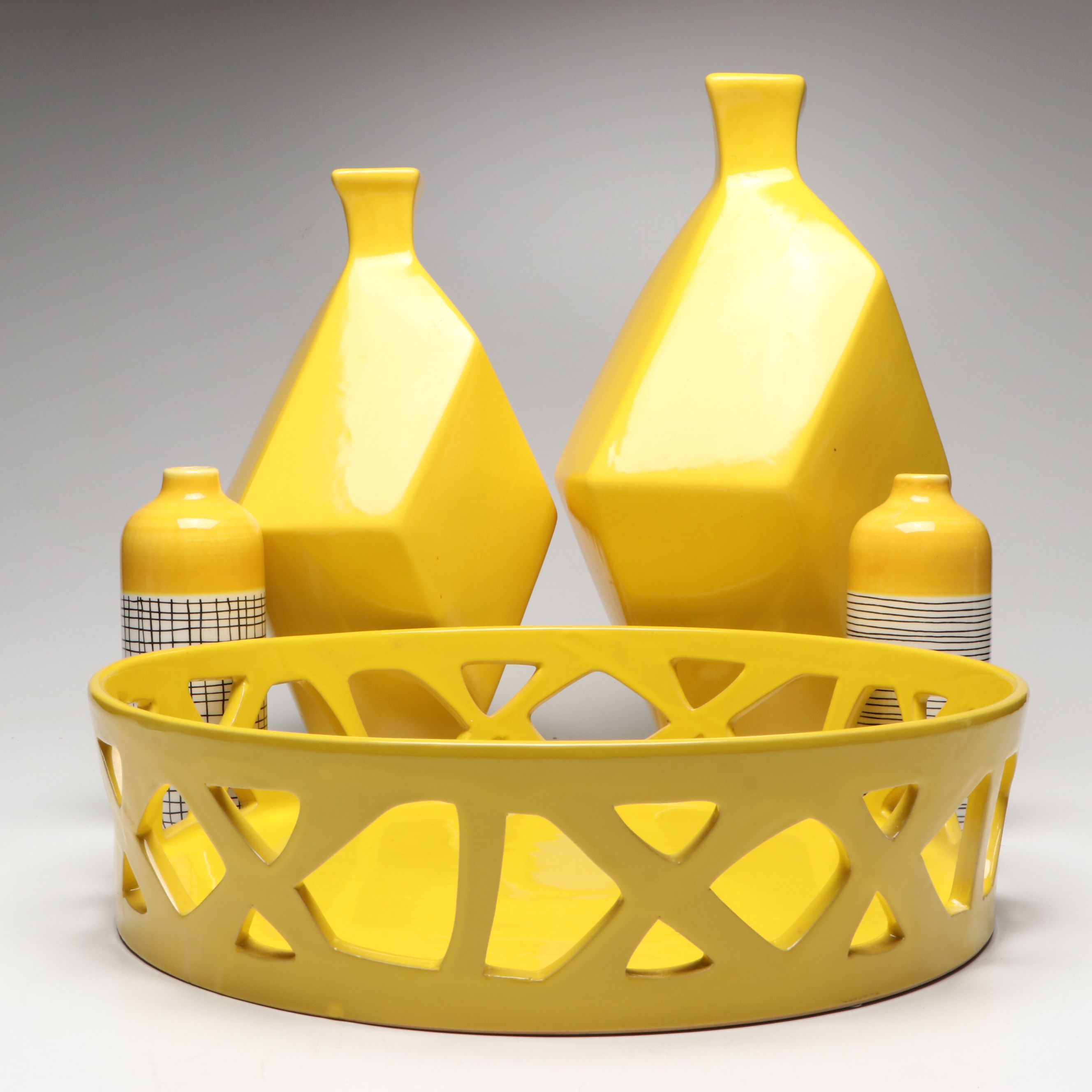 Geometric Yellow Ceramic Vases with Bottles and Tray