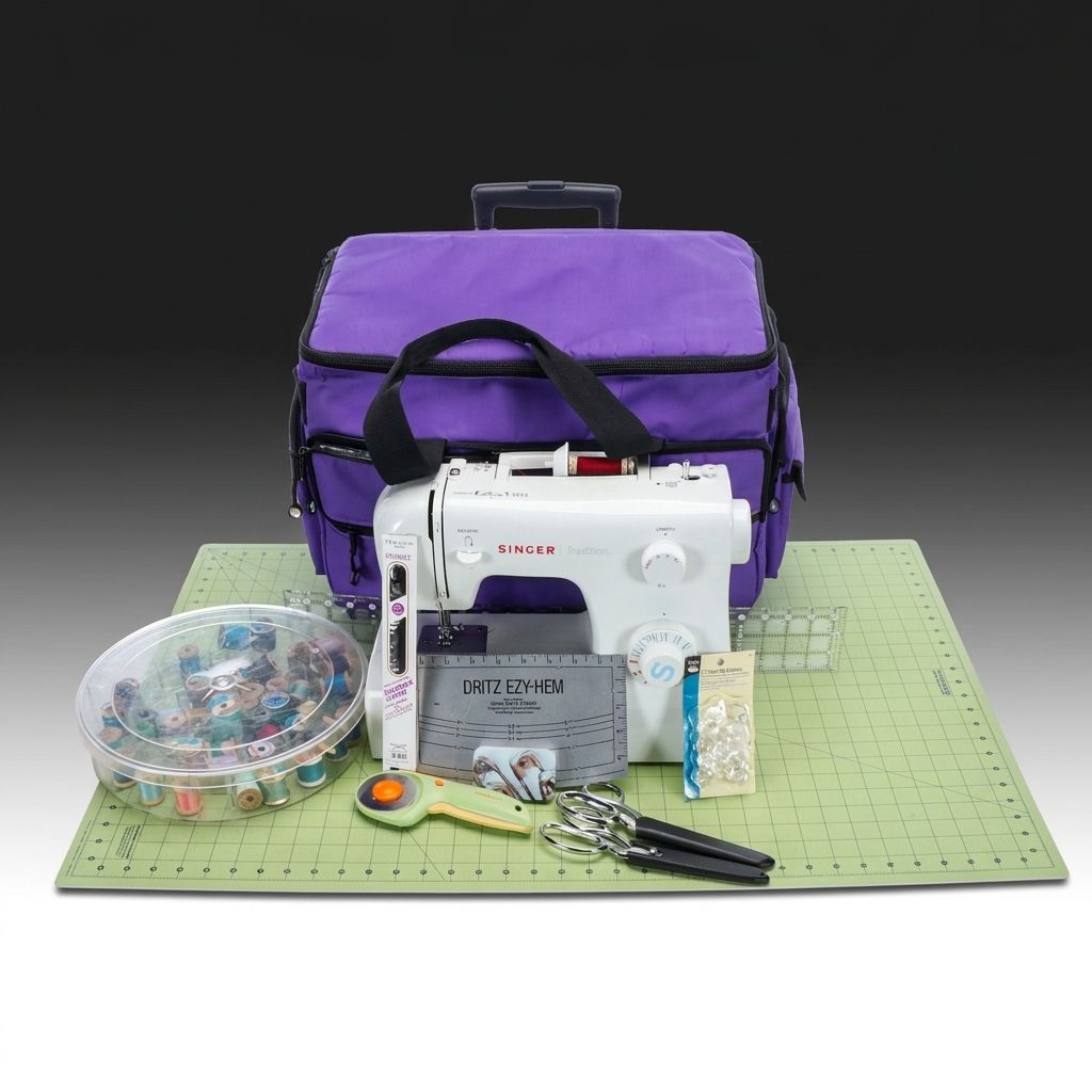 Singer "Tradition" Sewing Machine with Rolling Carrier, Mat, Scissors and More