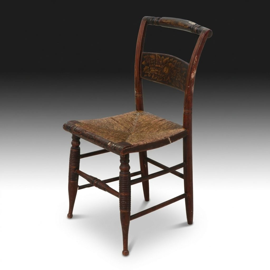 Hitchcock Style Stencil-Decorated Side Chair with Rush Seat, 19th Century