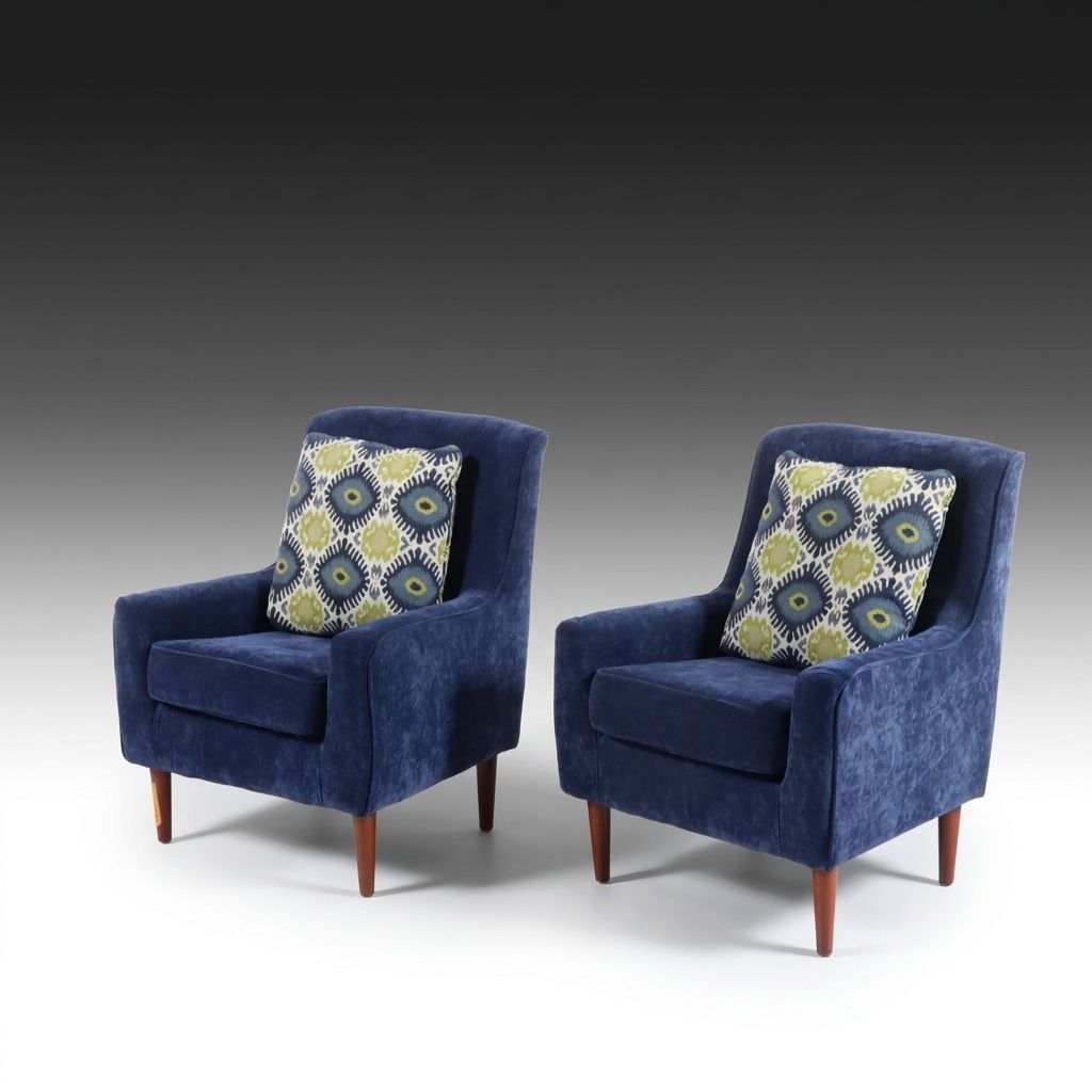 Pair of Mid Century Modern Style Blue Upholstered Armchairs with Accent Pillows