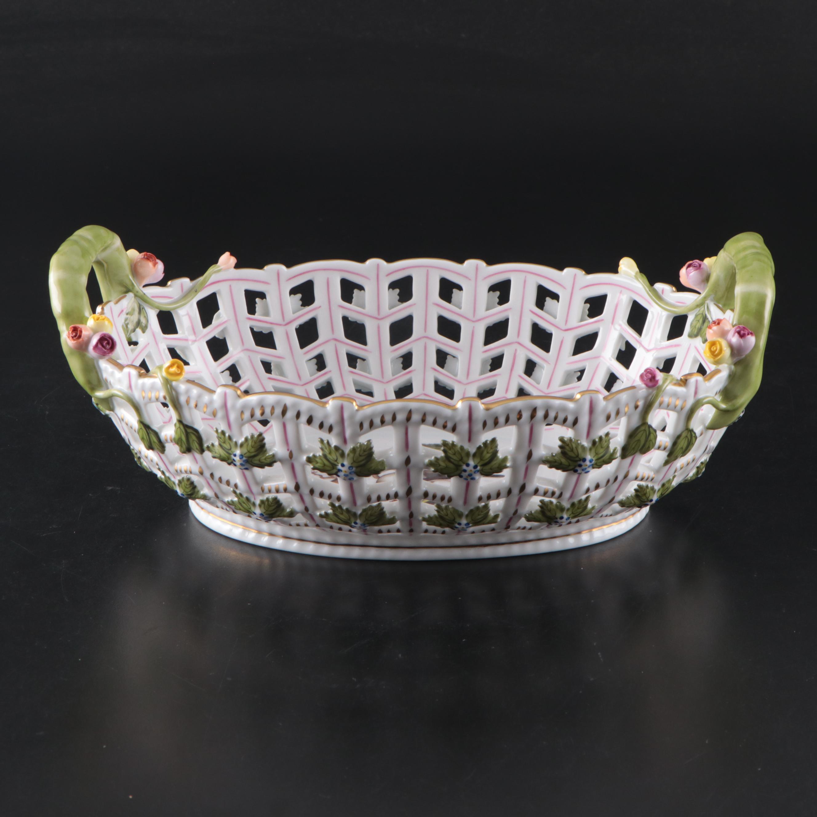 Herend "Rothschild Bird" Porcelain Lattice Basket, 1996