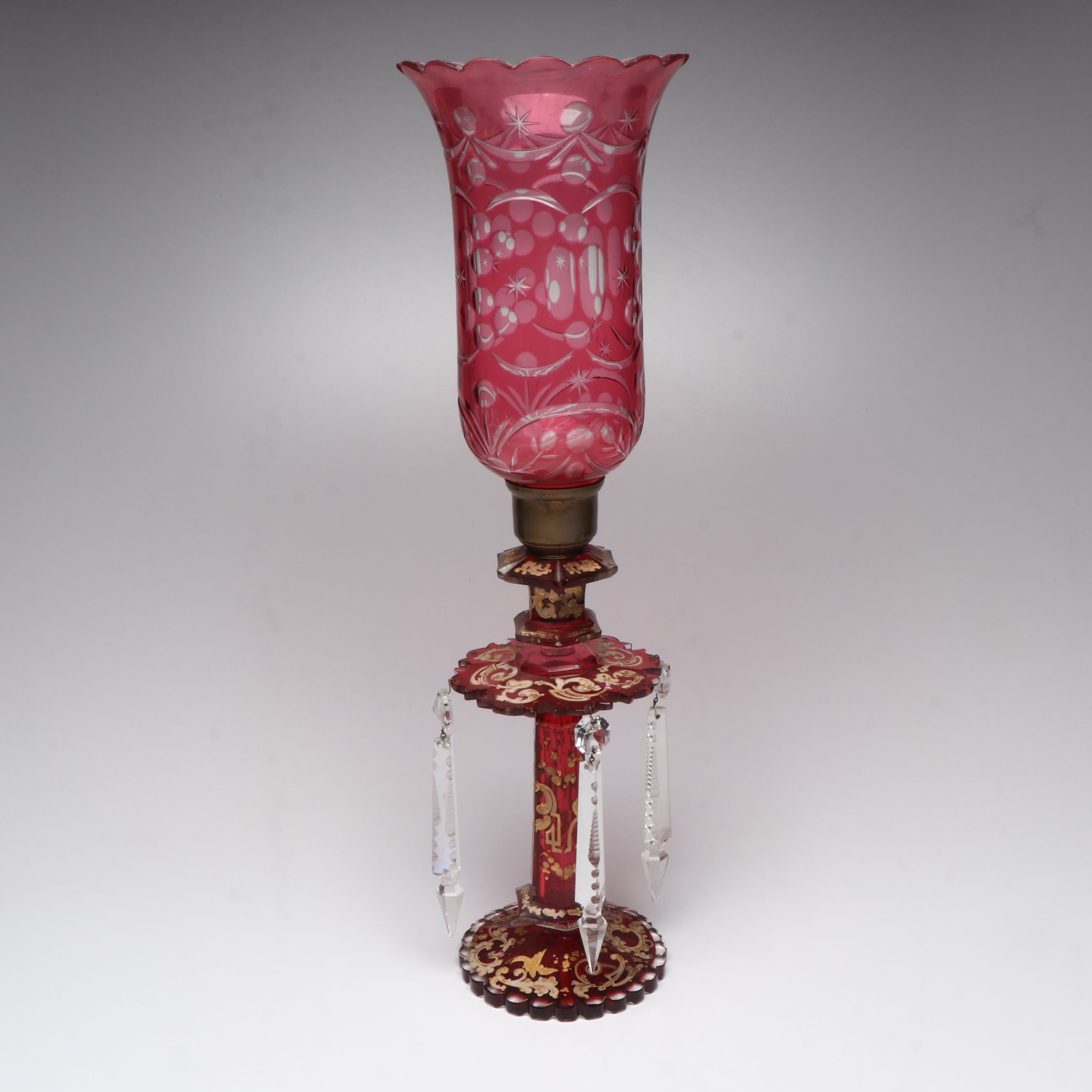 Bohemian Style Cranberry Glass Mantel Lusters with Crystal Hurricane Shades