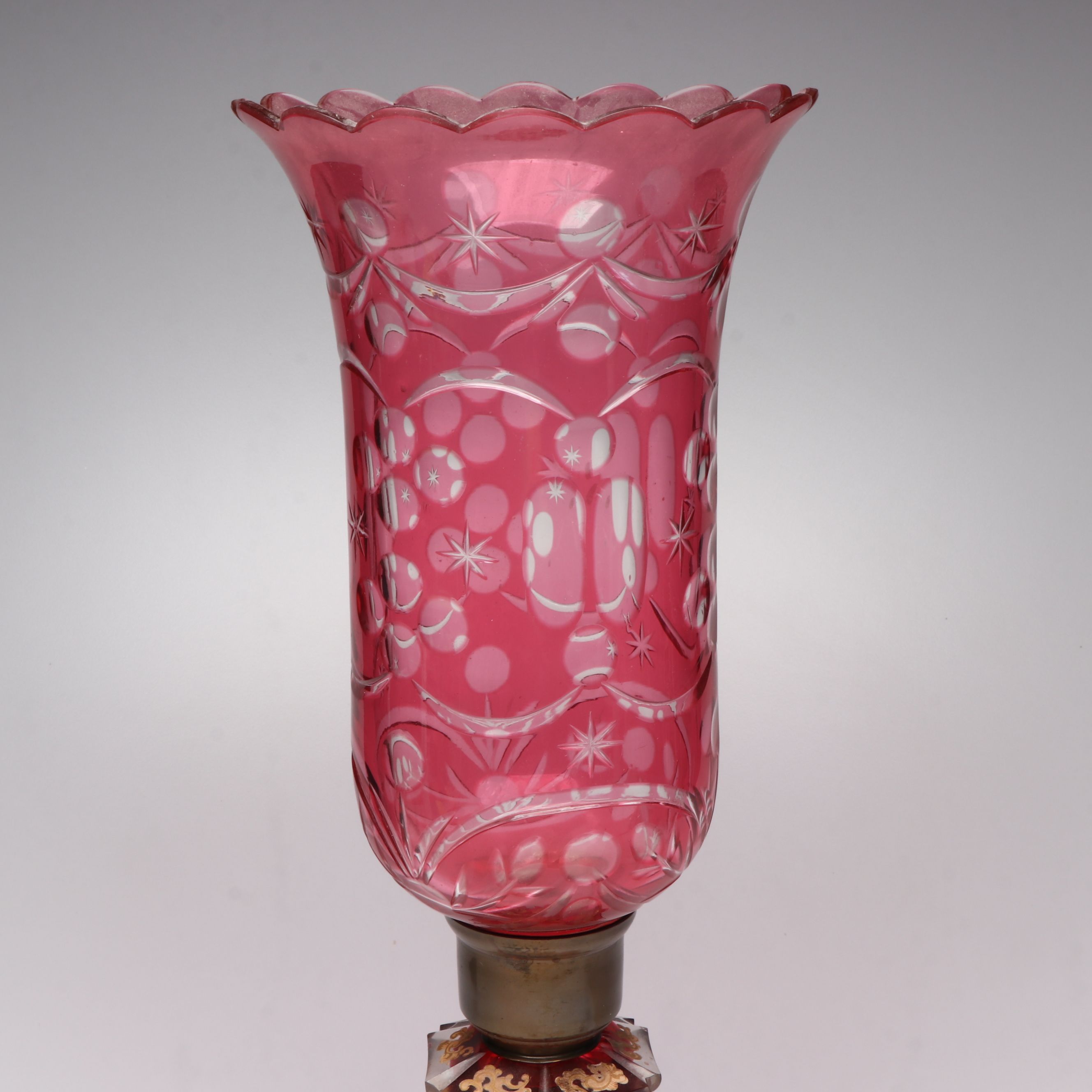 Bohemian Style Cranberry Glass Mantel Lusters with Crystal Hurricane Shades
