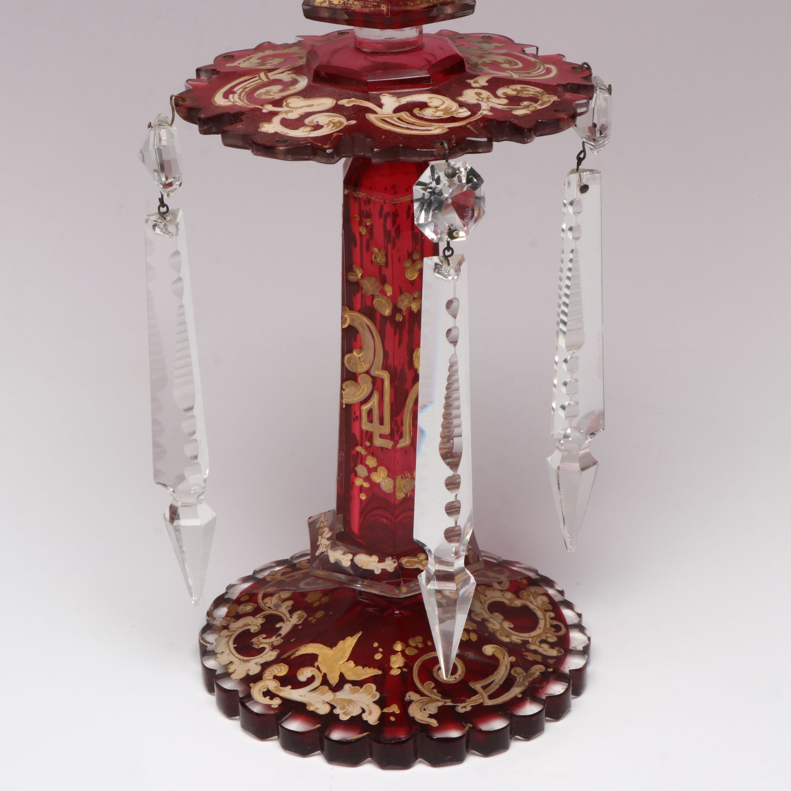 Bohemian Style Cranberry Glass Mantel Lusters with Crystal Hurricane Shades