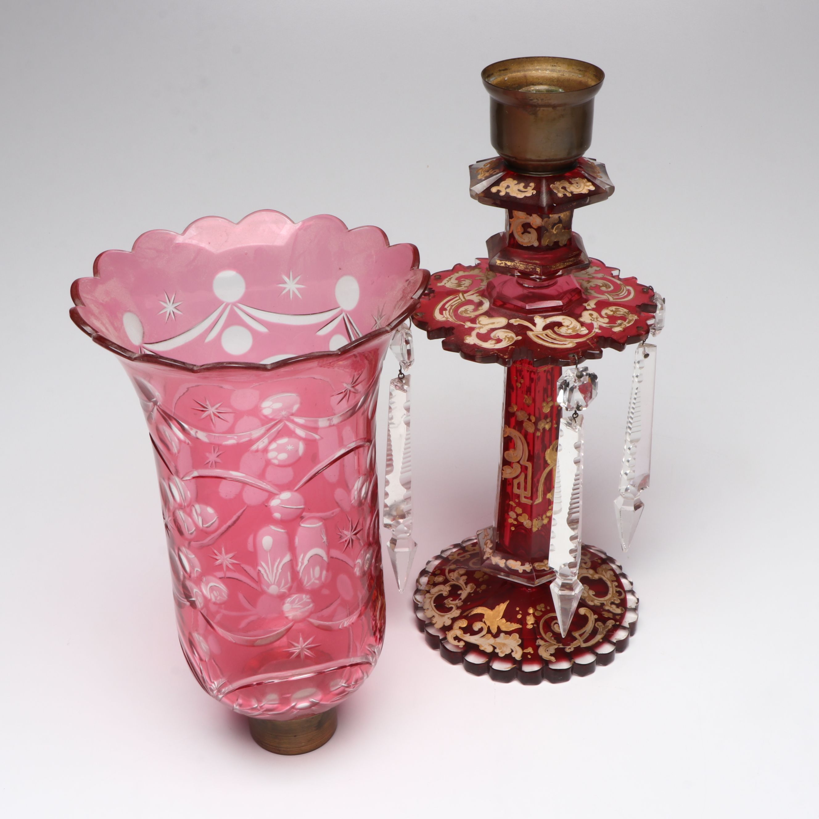 Bohemian Style Cranberry Glass Mantel Lusters with Crystal Hurricane Shades