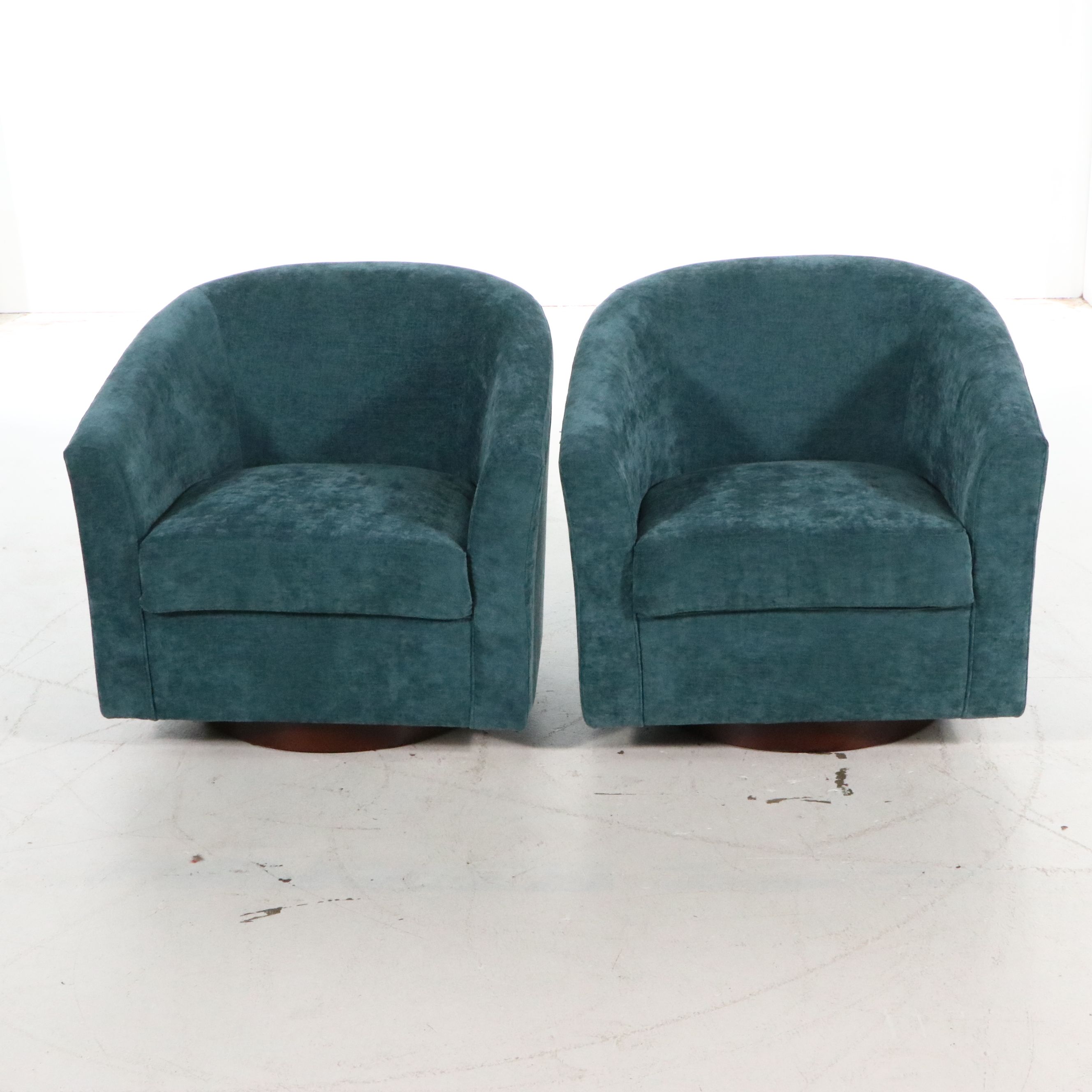 Pair of Contemporary Teal Chenille Swivel Armchairs