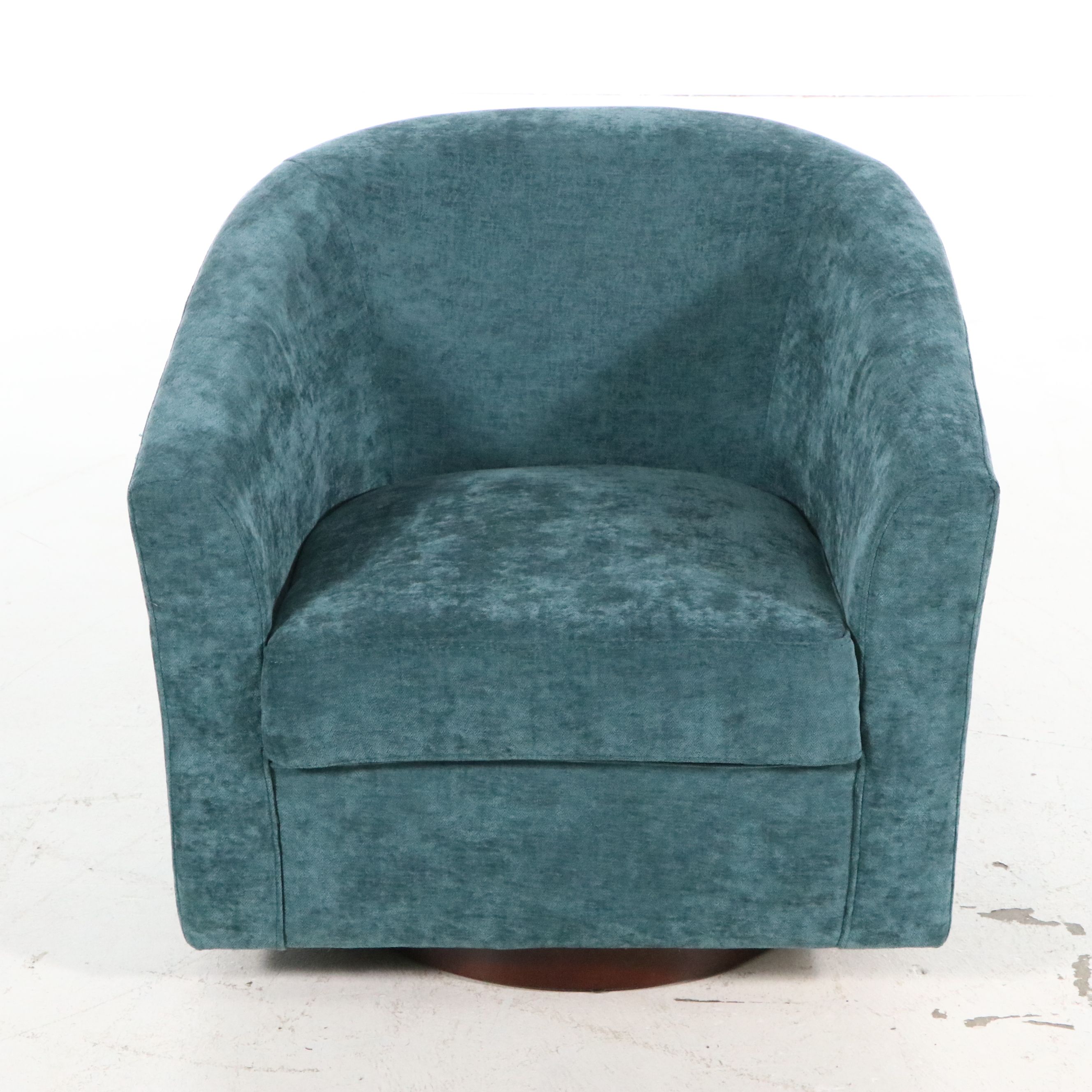 Pair of Contemporary Teal Chenille Swivel Armchairs