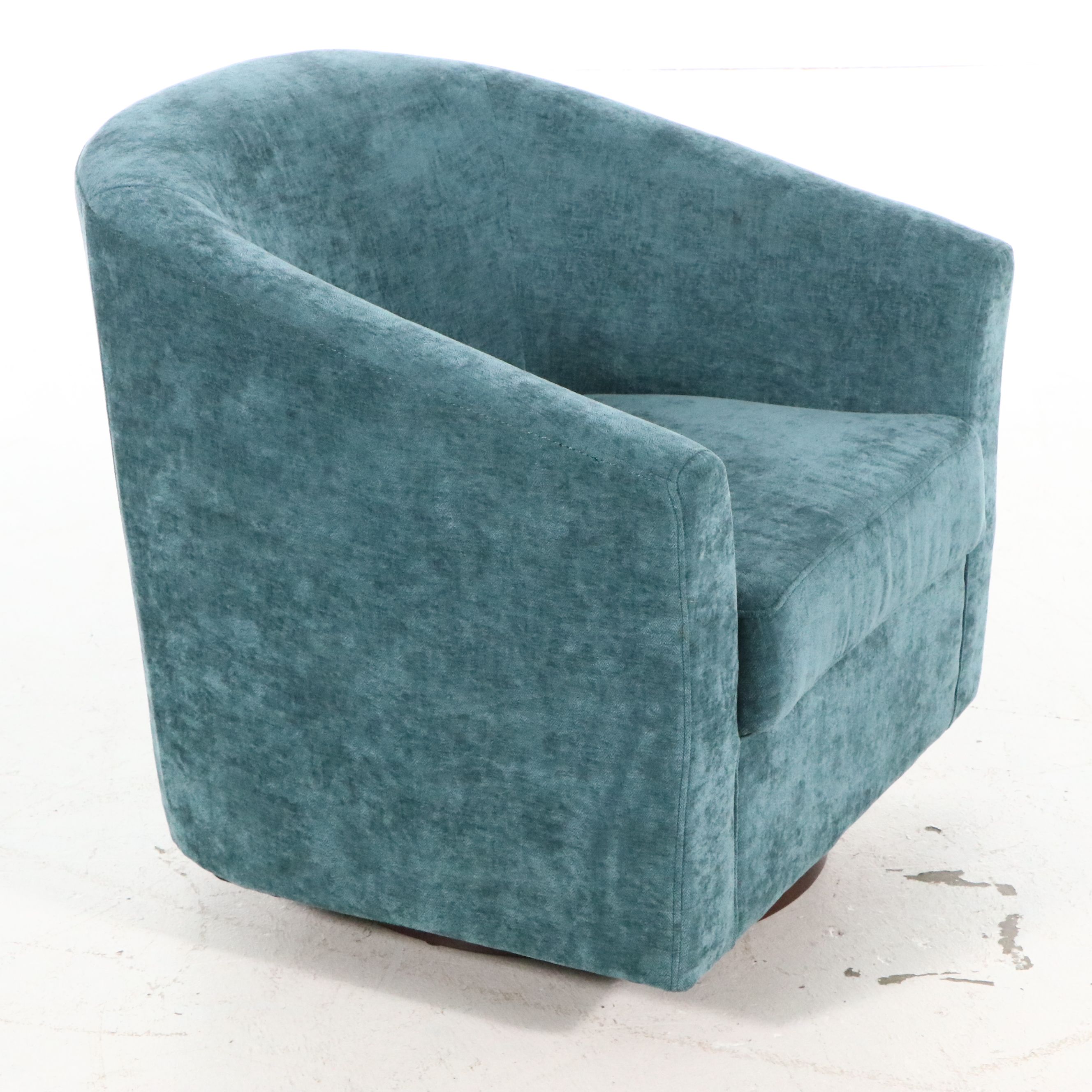 Pair of Contemporary Teal Chenille Swivel Armchairs
