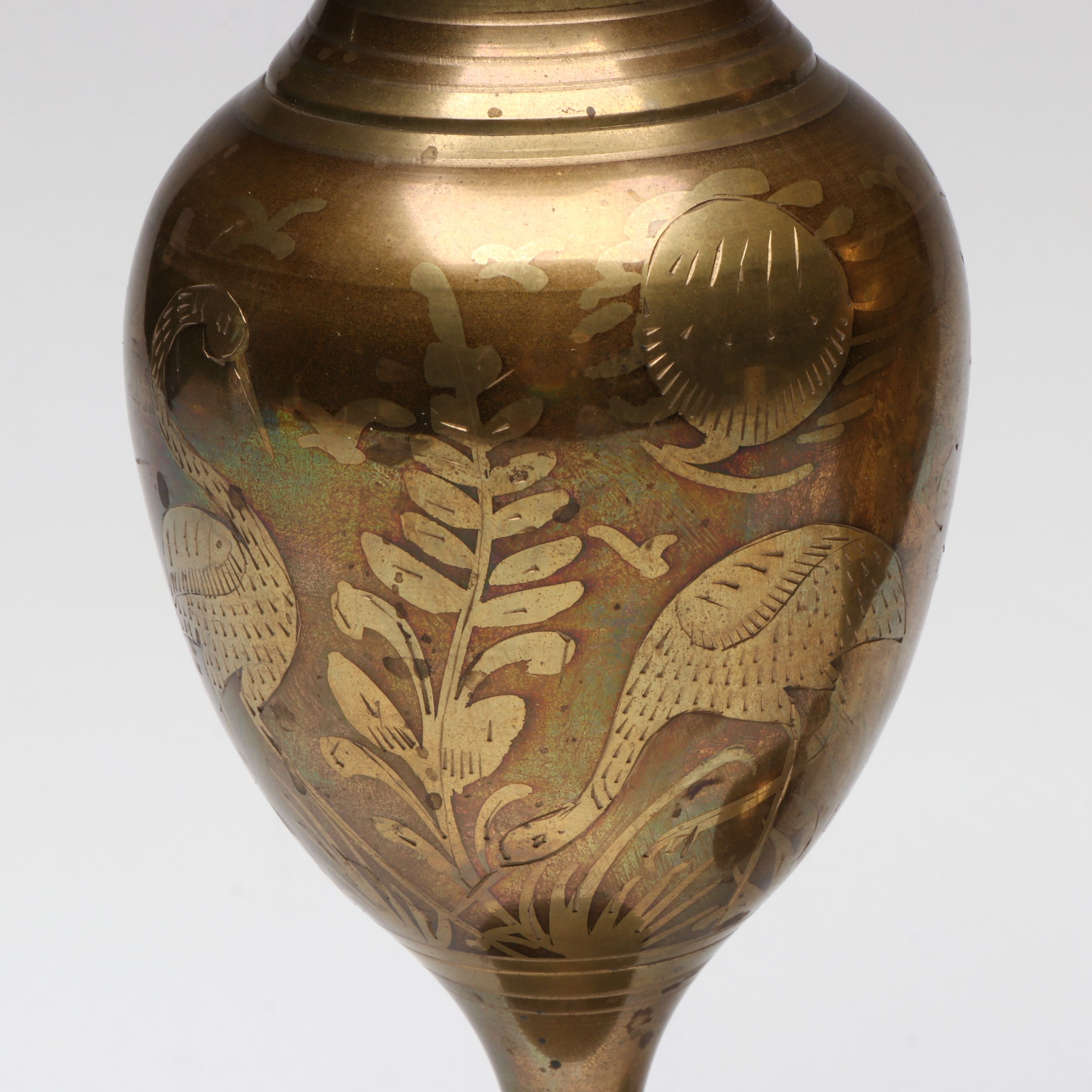 Pedestal and Ruffled Rim Etched Brass Vases