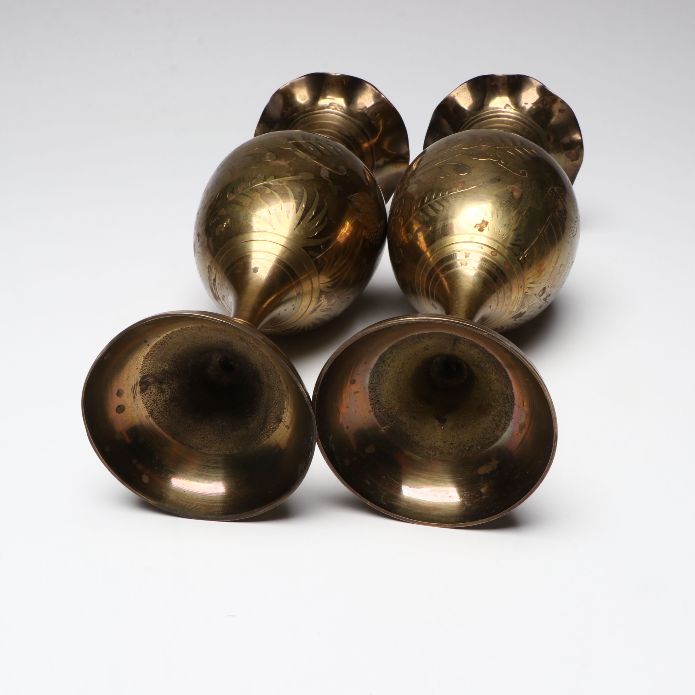 Pedestal and Ruffled Rim Etched Brass Vases