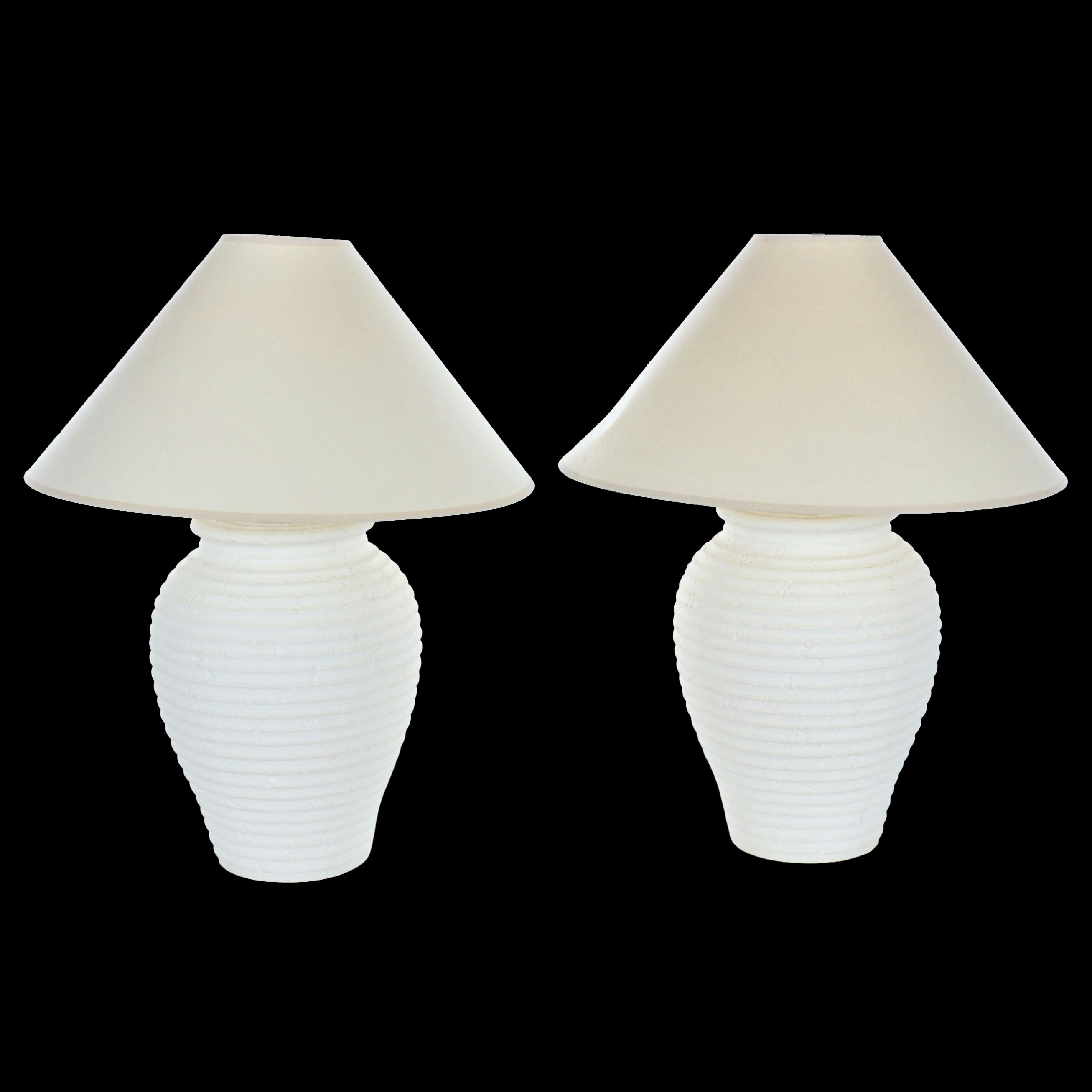 Pair of White Banded Beehive Ceramic Table Lamps with Conical Shades