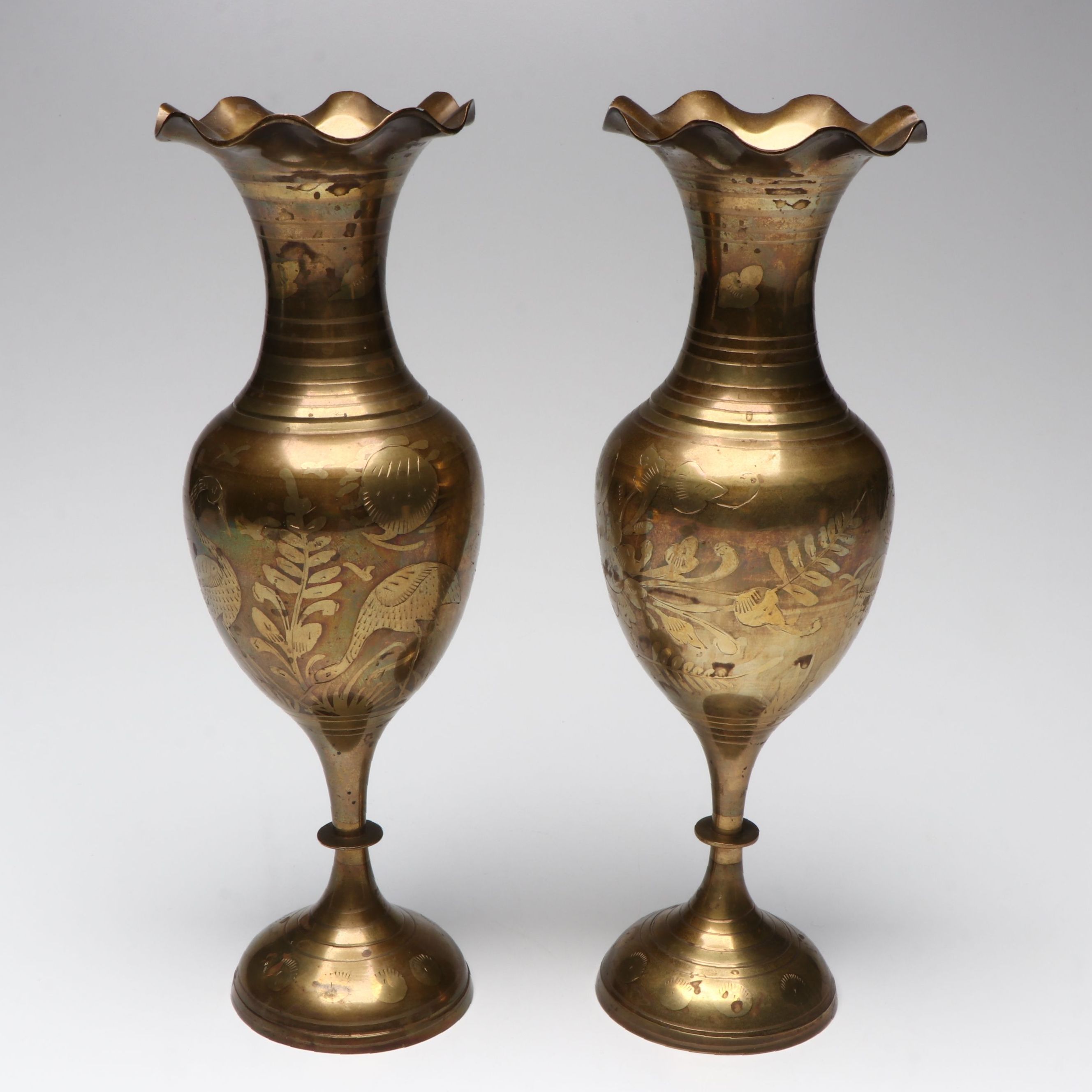 Pedestal and Ruffled Rim Etched Brass Vases
