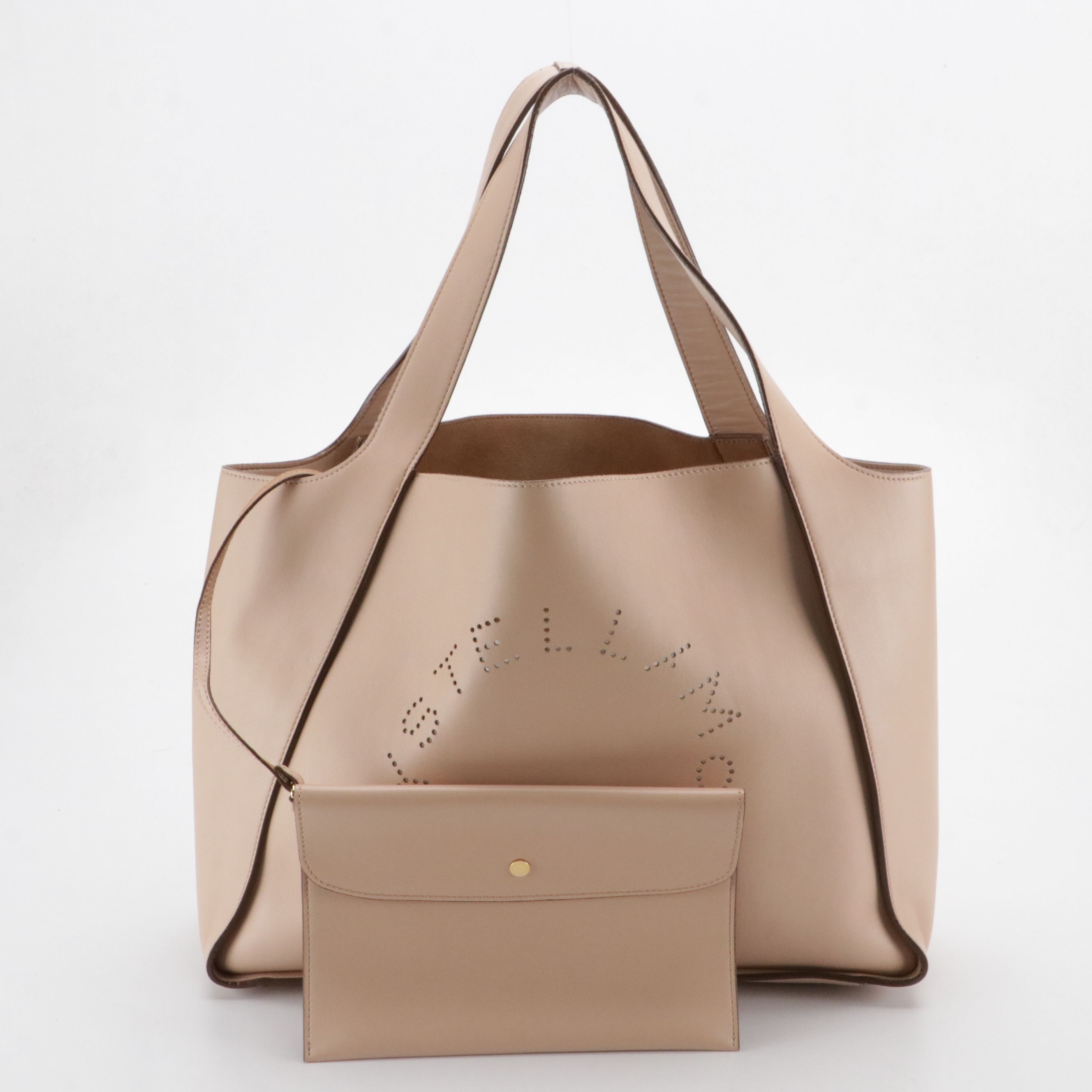 Stella McCartney Large Perforated Logo Shoulder Bag in Blush Beige Vegan Leather