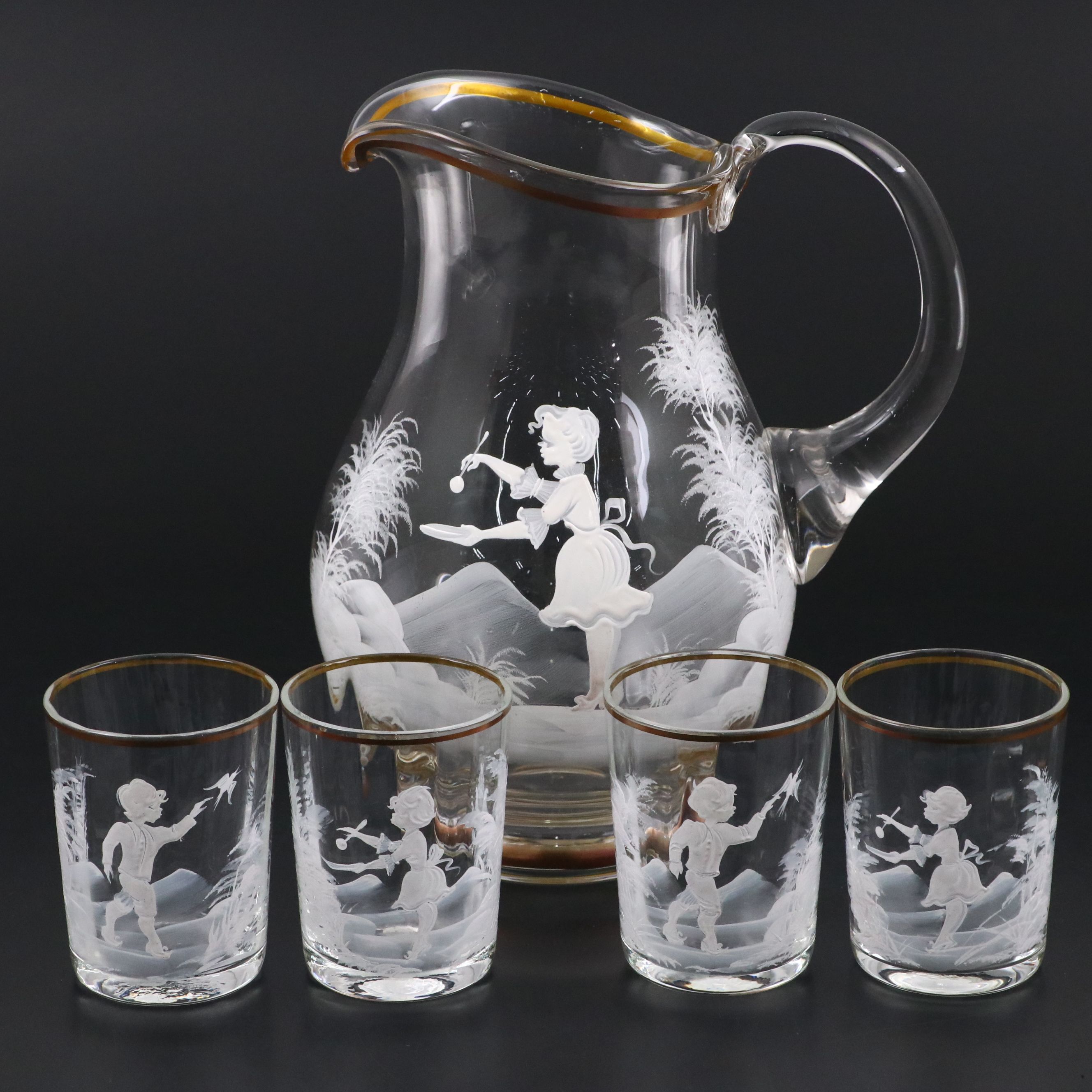 Mary Gregory Style Enameled Blown Glass Water Pitcher and Tumblers